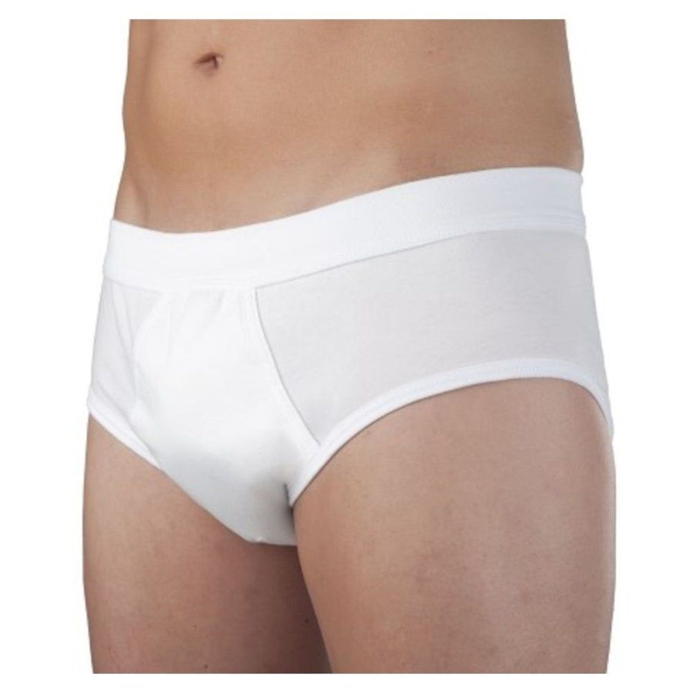Witte heren slip met geïntegreerde absorberende inlegger. Zijaanzicht. Elastische tailleband, stoffen inzetstuk vooraan.