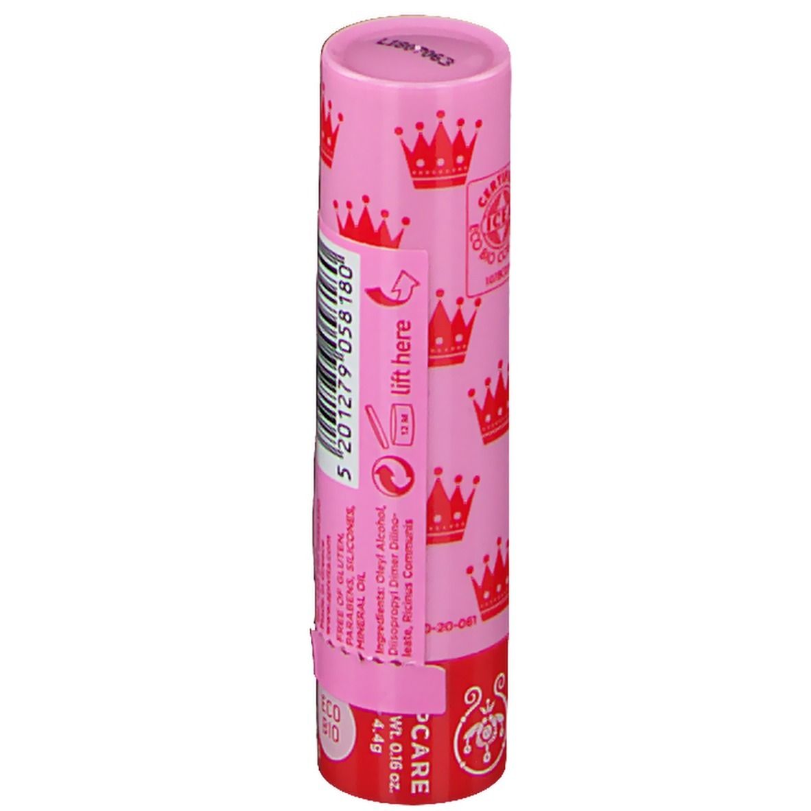Baume à lèvres rose avec motif de couronnes rouges et texte imprimé.