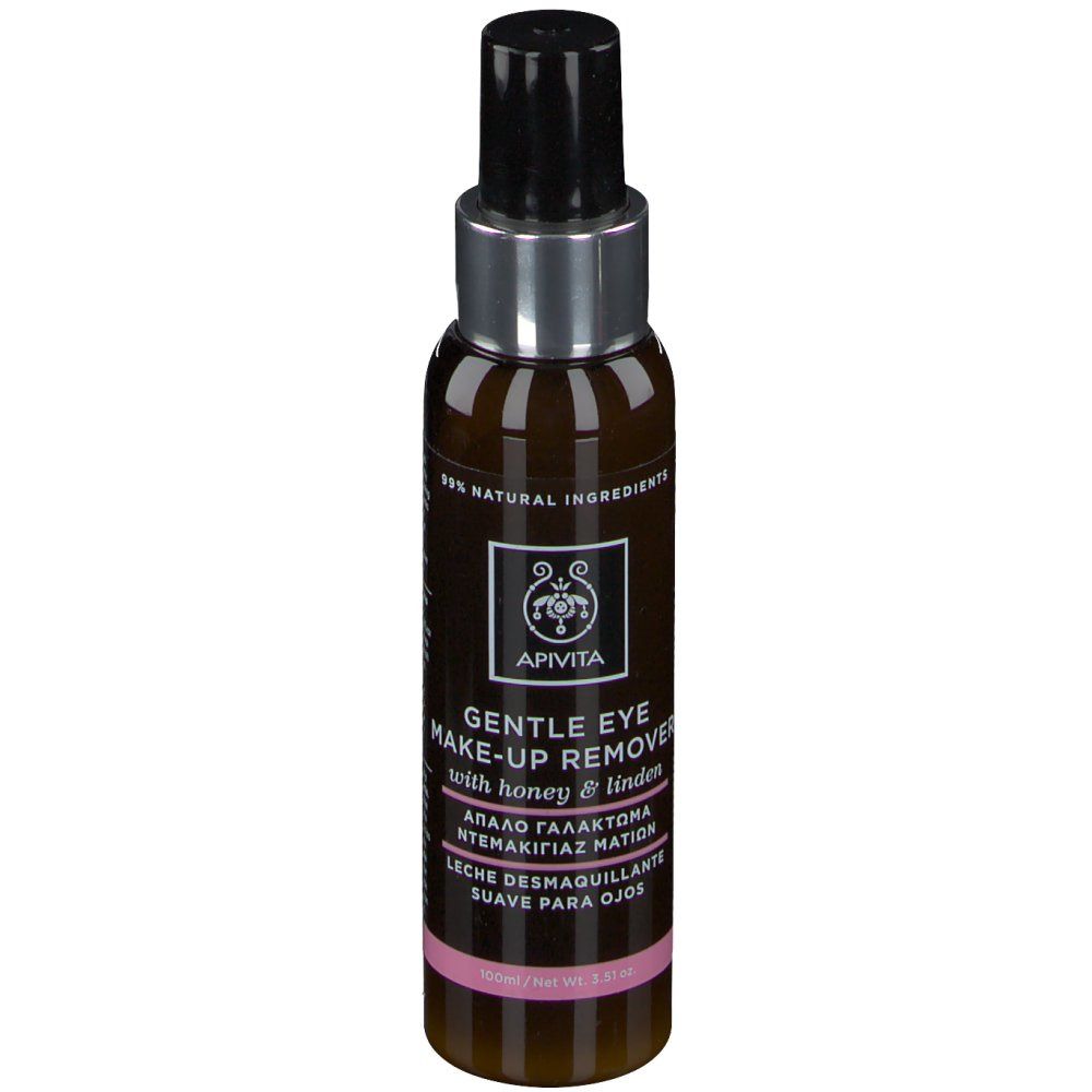 Flacon marron avec vaporisateur noir. Inscription: Gentle Eye Make-up Remover. Étiquette rose. Marque: Apivita.