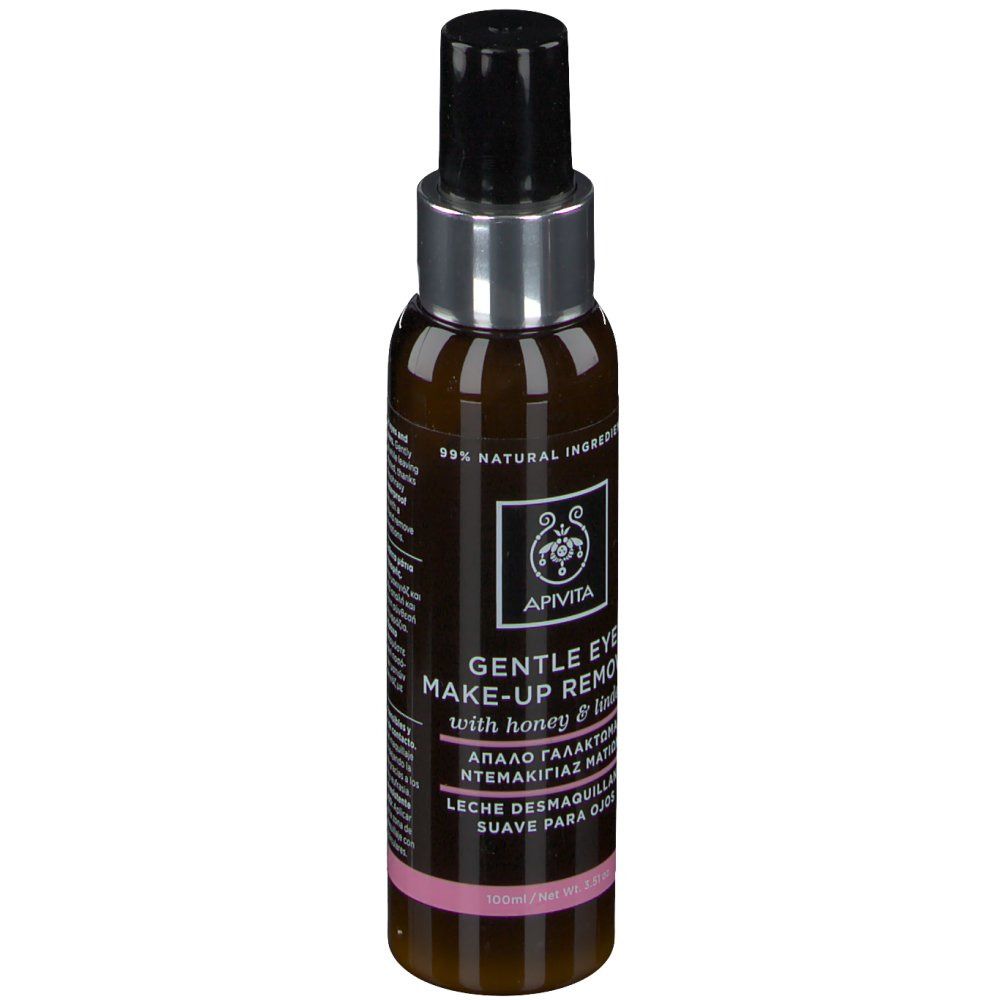 Flacon marron avec vaporisateur noir. Inscription: Gentle Eye Make-up Remover. Marque: Apivita. Étiquette rose.