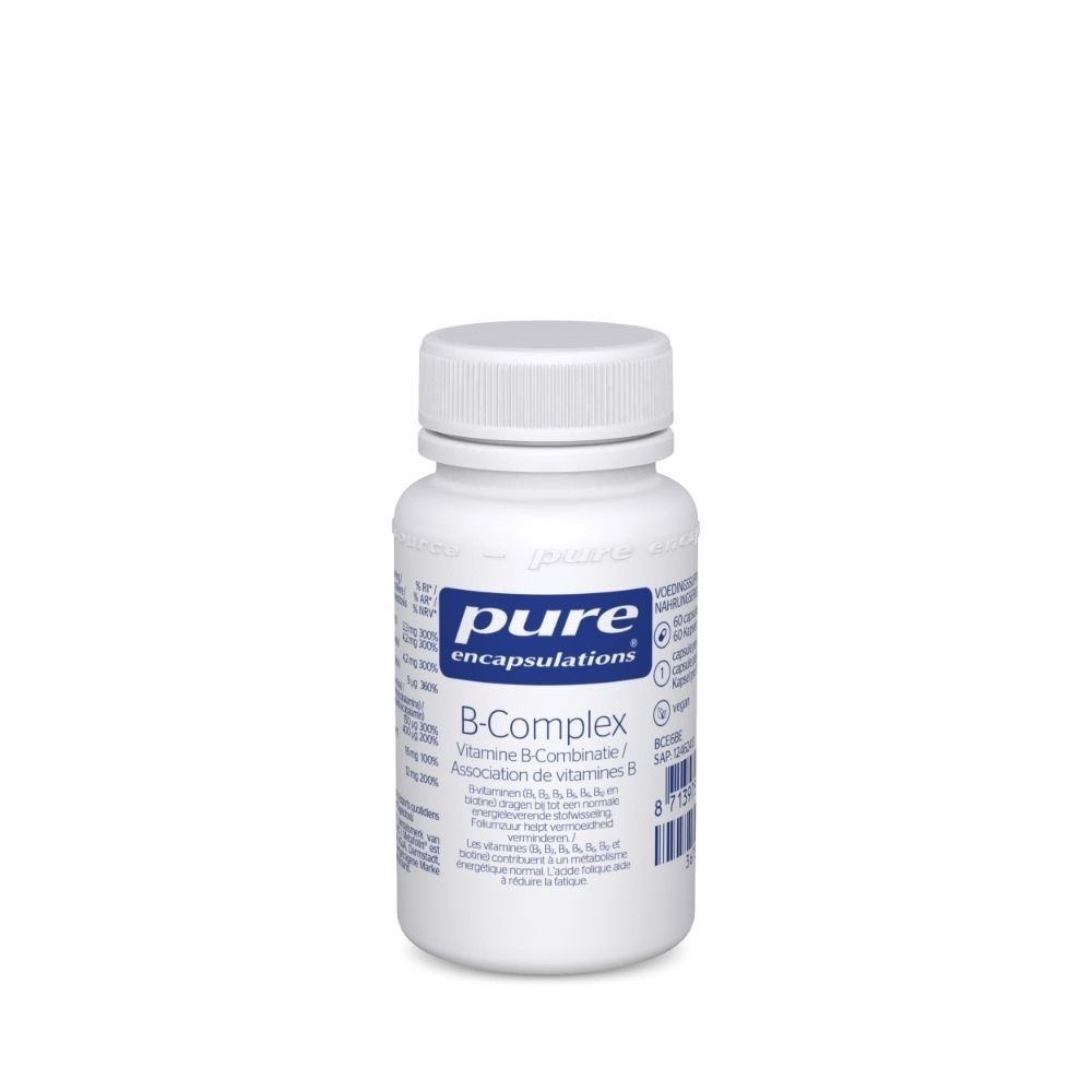 Witte fles met blauw etiket. Bevat B-Complex vitaminen. Merk: pure encapsulations®. Met schroefdop.