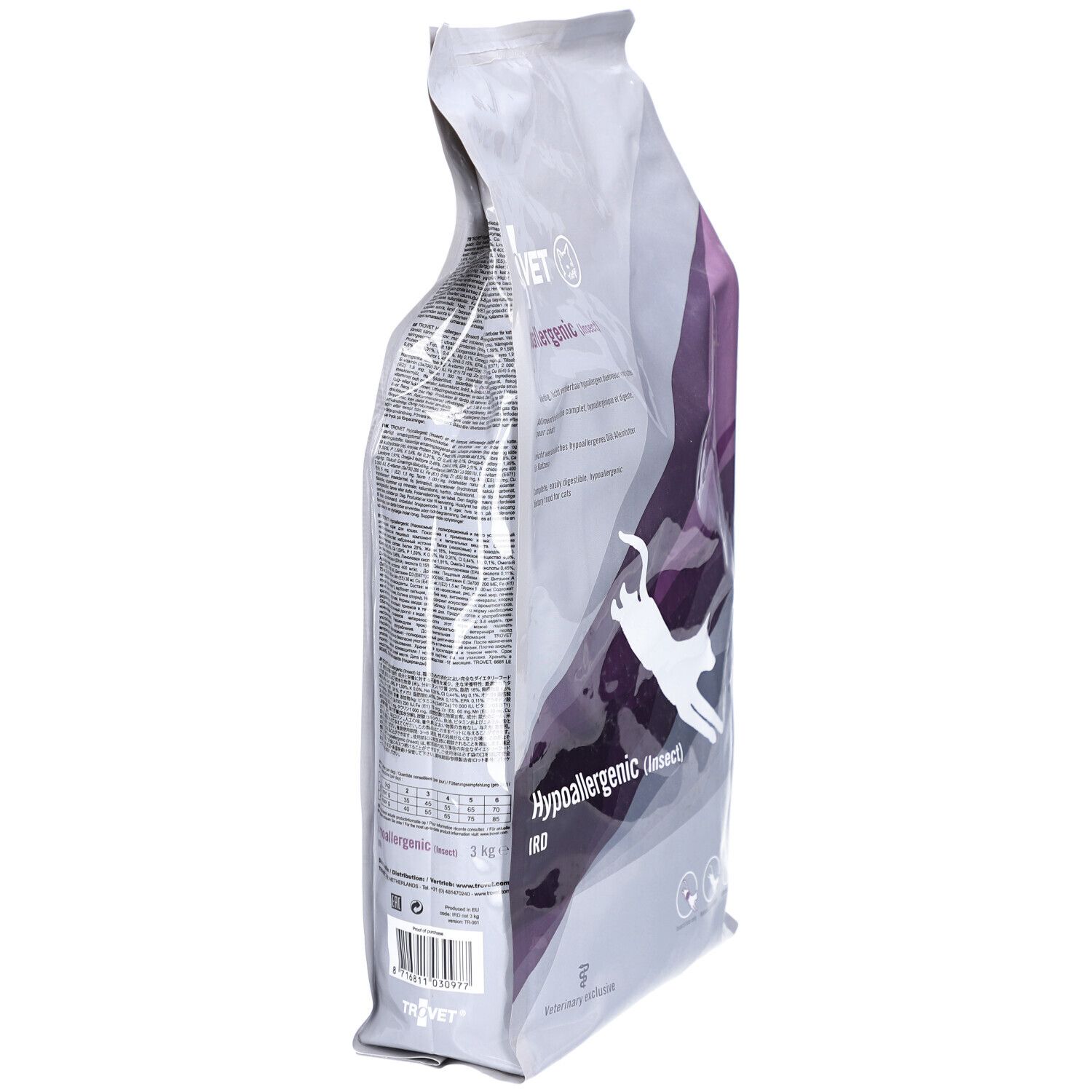 Vue latérale d'un sac de nourriture pour chats. Inscription : TROVET Hypoallergenic IRD (insecte).