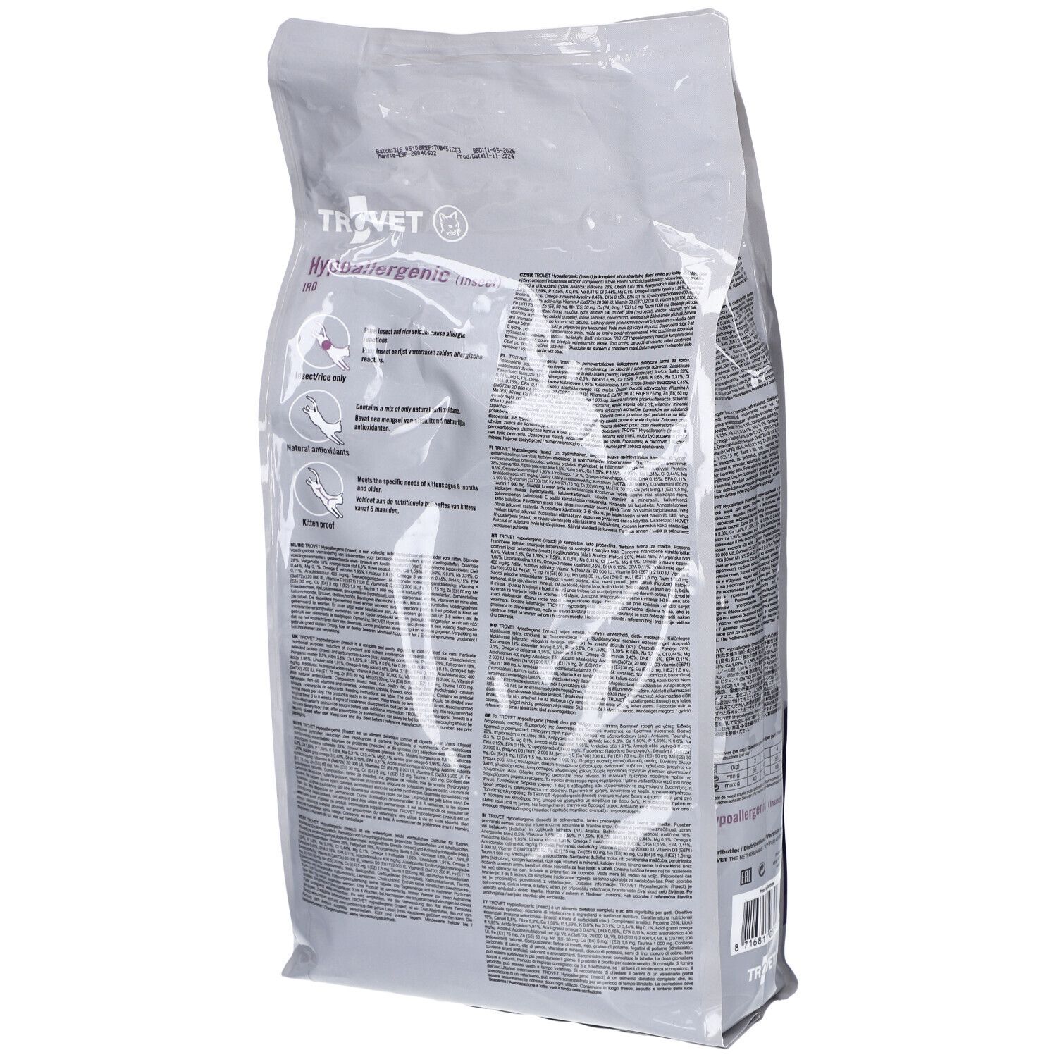 Dos d'un sac de nourriture pour chats. Informations textuelles et logos. Inscription : TROVET Hypoallergenic IRD.