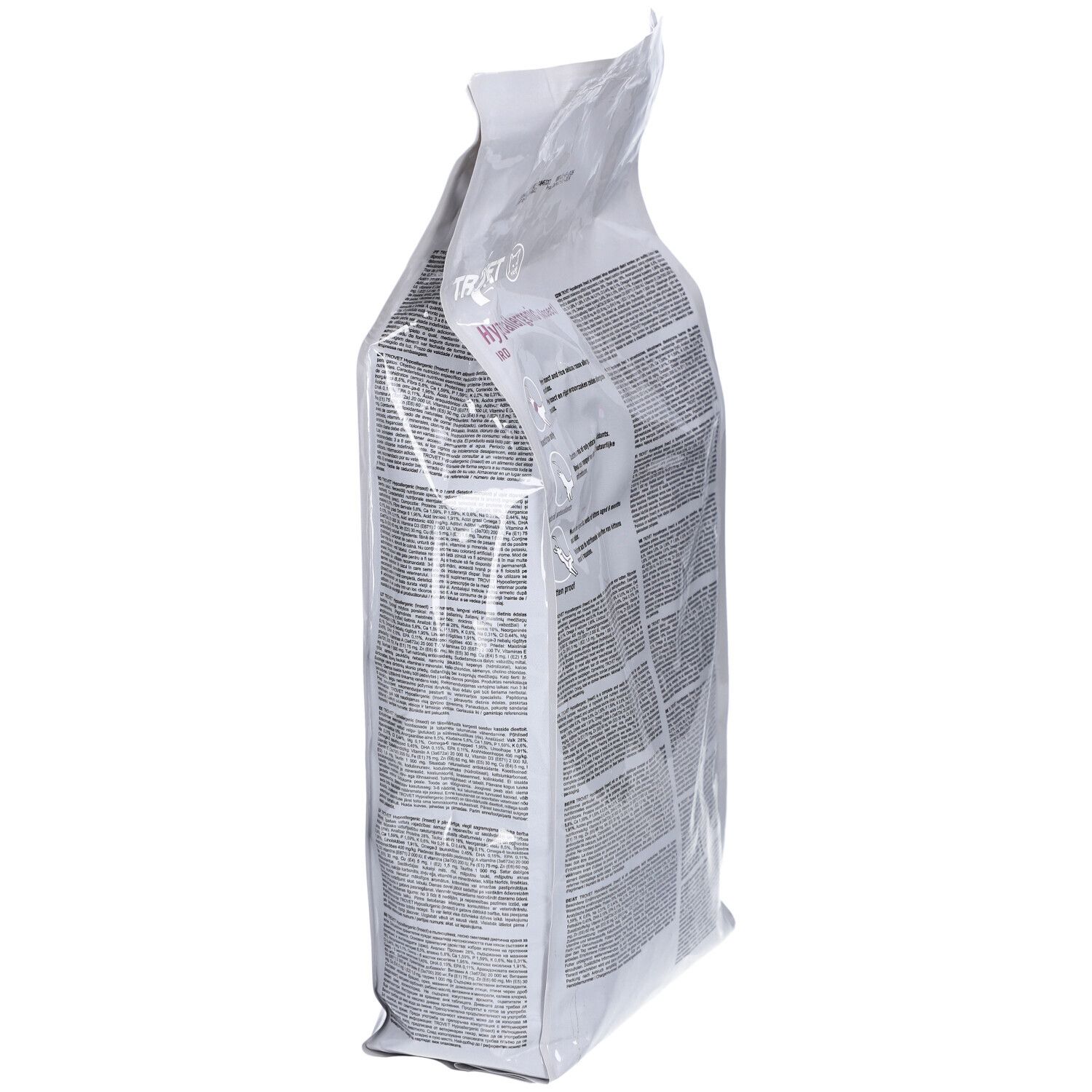Vue latérale d'un sac de nourriture pour chats. Informations textuelles. Inscription : TROVET Hypoallergenic IRD.