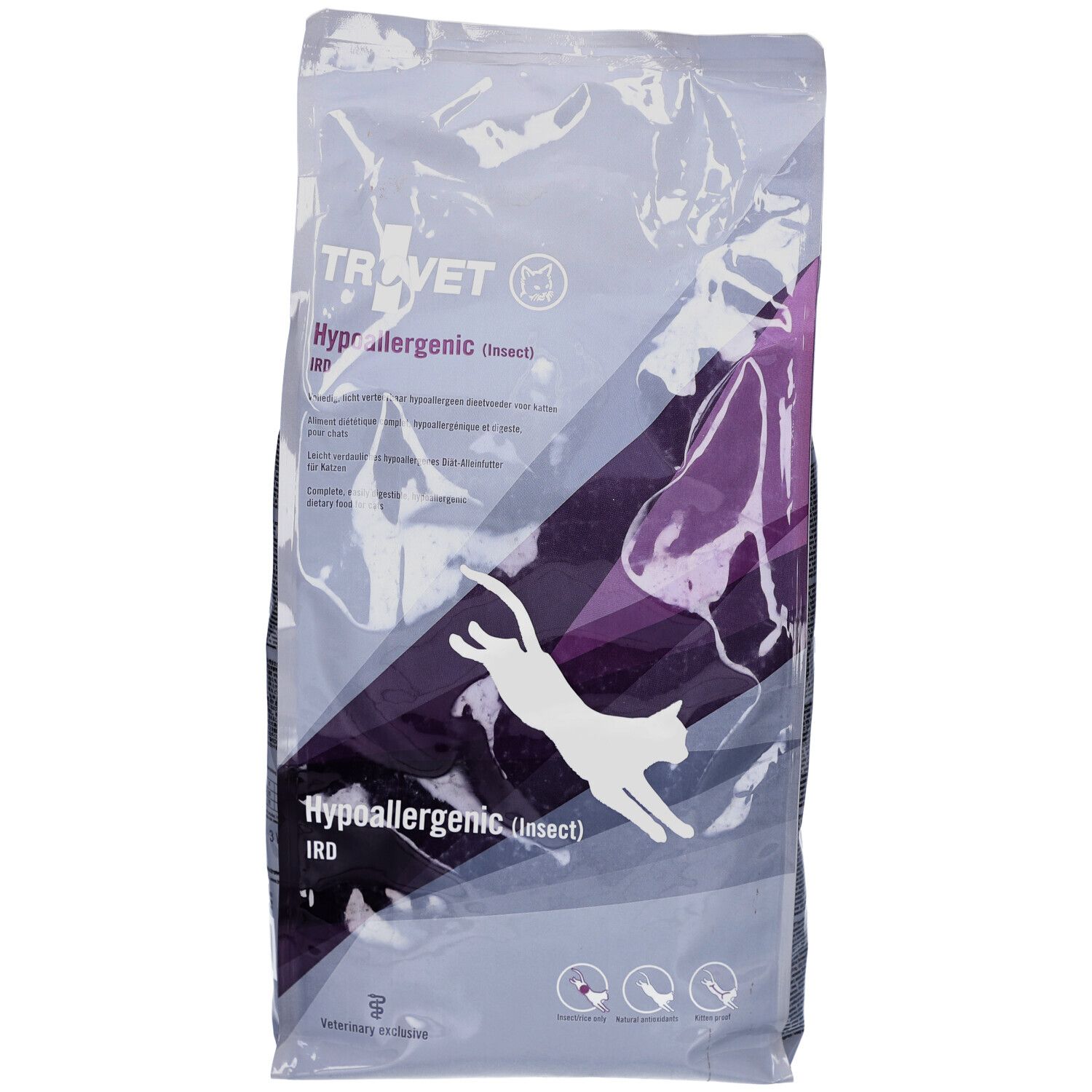 Sac de nourriture pour chats. Inscription : TROVET Hypoallergenic IRD (insecte). Image d'un chat sautant.