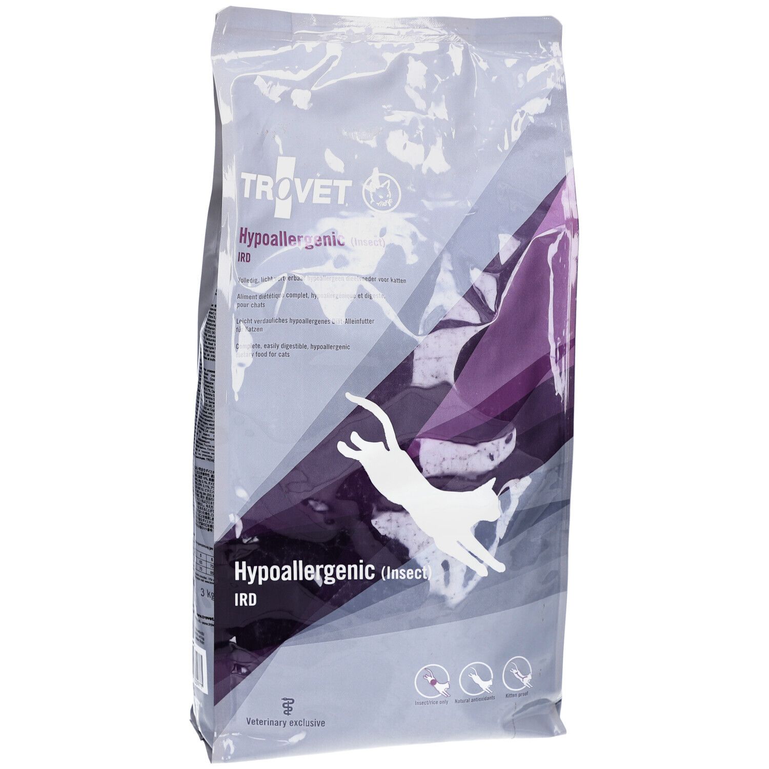 Sac de nourriture pour chats. Inscription : TROVET Hypoallergenic IRD. Image d'un chat sautant.