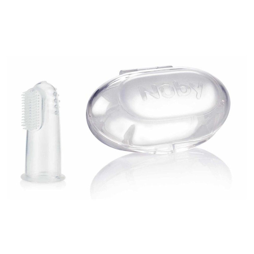Brosse à dents digitale et étui. Silicone transparent avec poils. Étui avec logo Nûby.