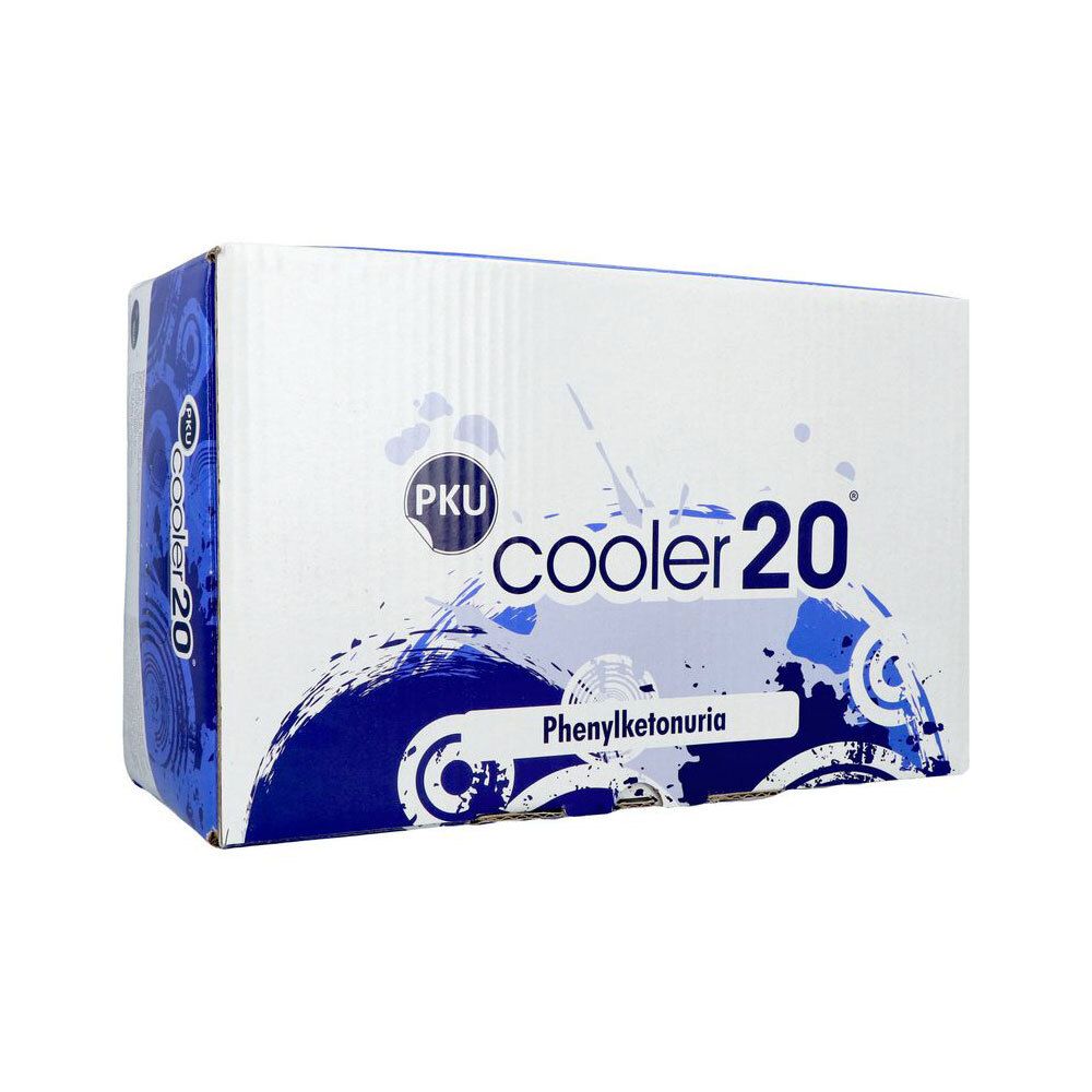 Vitaflo PKU Cooler 20g PE Geel doos met blauwe en witte spetters. Tekst: PKU cooler 20, Phenylketonurie.