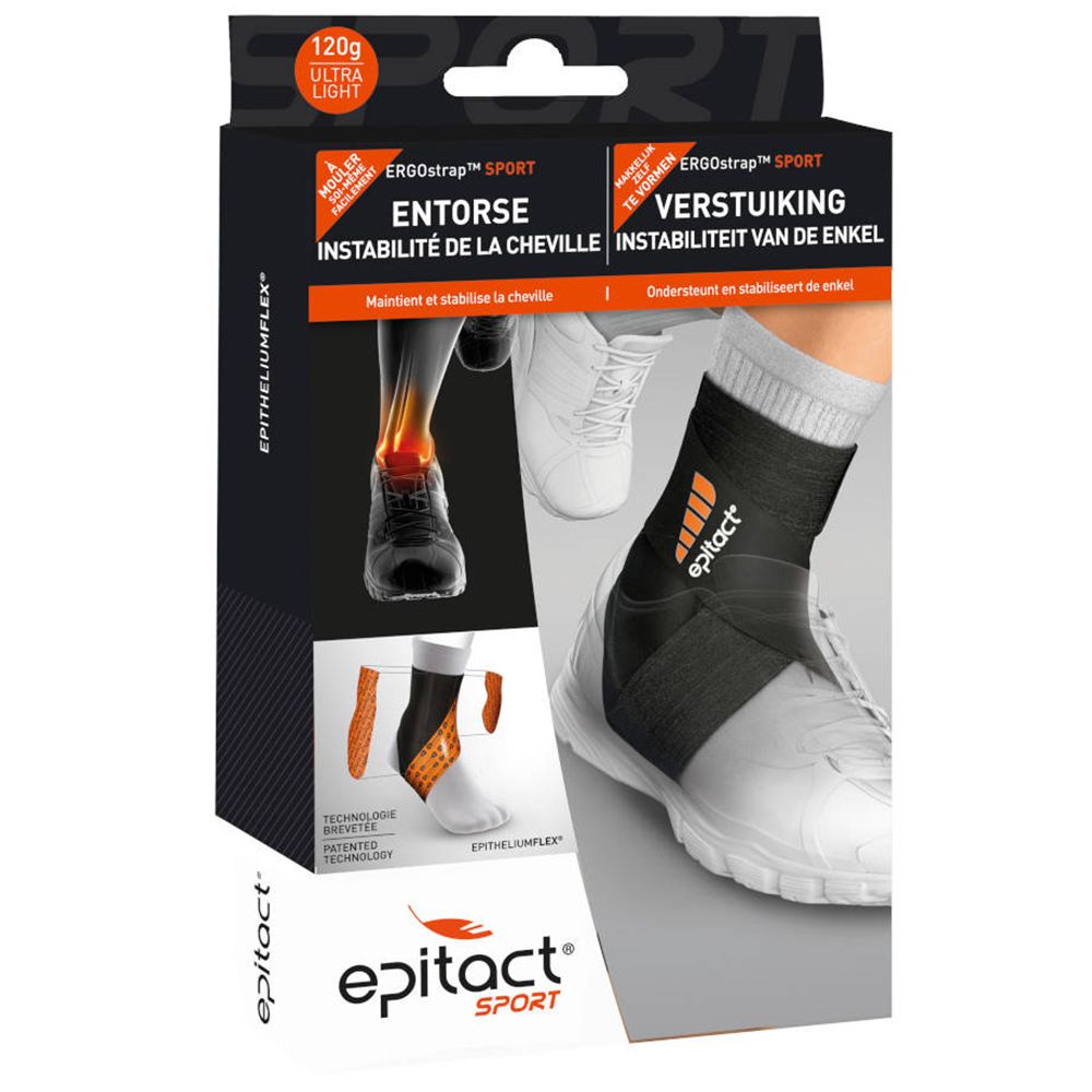 Verpakking van de epitact® Sport enkelbrace. Zwart-oranje brace op witte voet afgebeeld. Tekst: Verstuiking, Instabiliteit, Epitact Sport.
