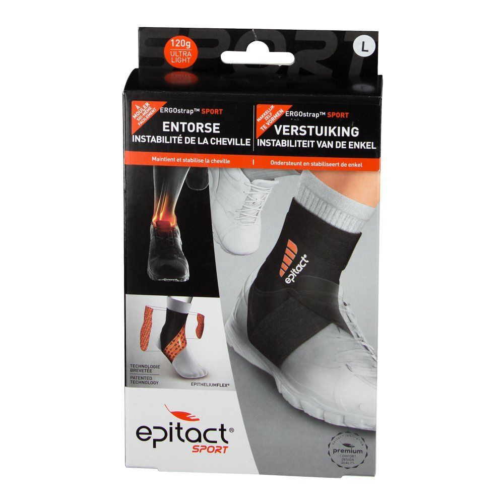 Vooraanzicht van de epitact® Sport enkelbrace verpakking. Zwart-oranje brace op witte voet afgebeeld. Tekst: Verstuiking, Instabiliteit, Epitact Sport.