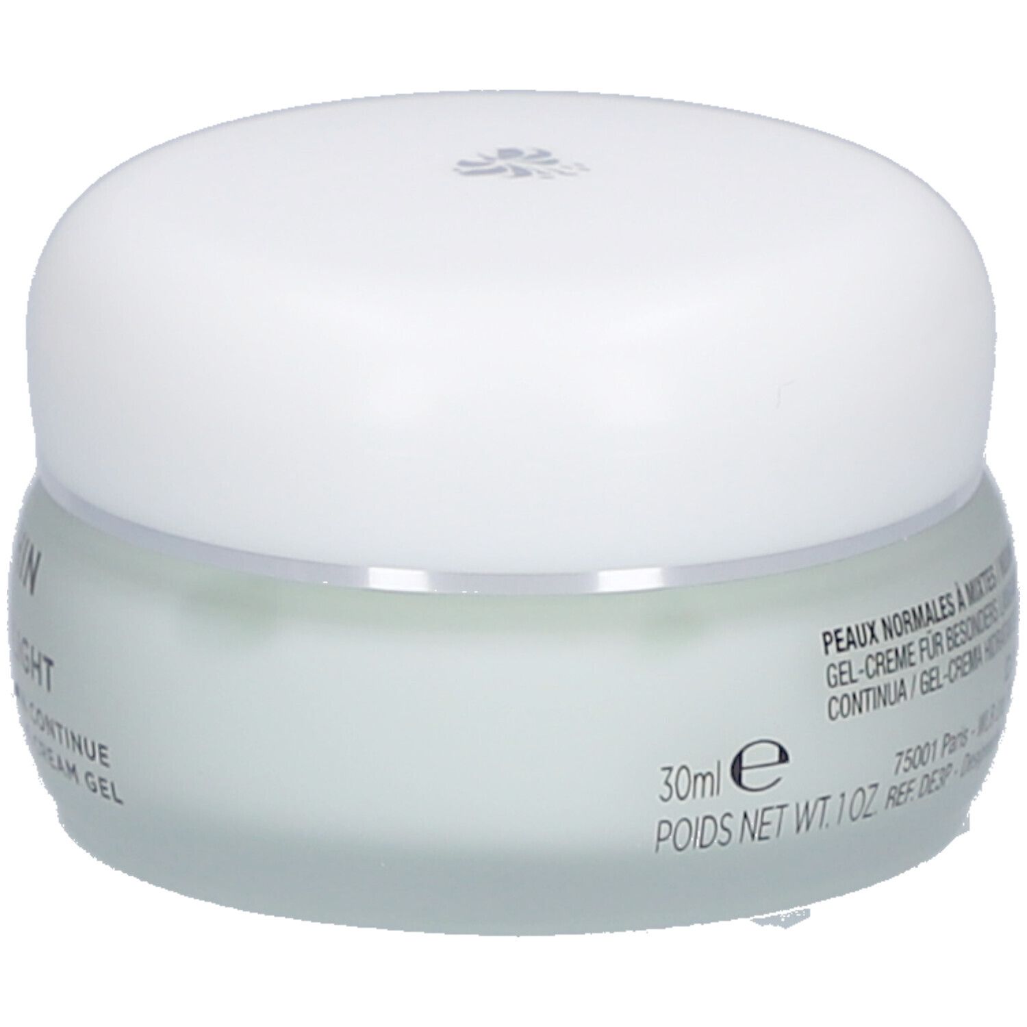 Pot de crème-gel avec couvercle blanc. Inscription: 30ml e. Texte en français et anglais.