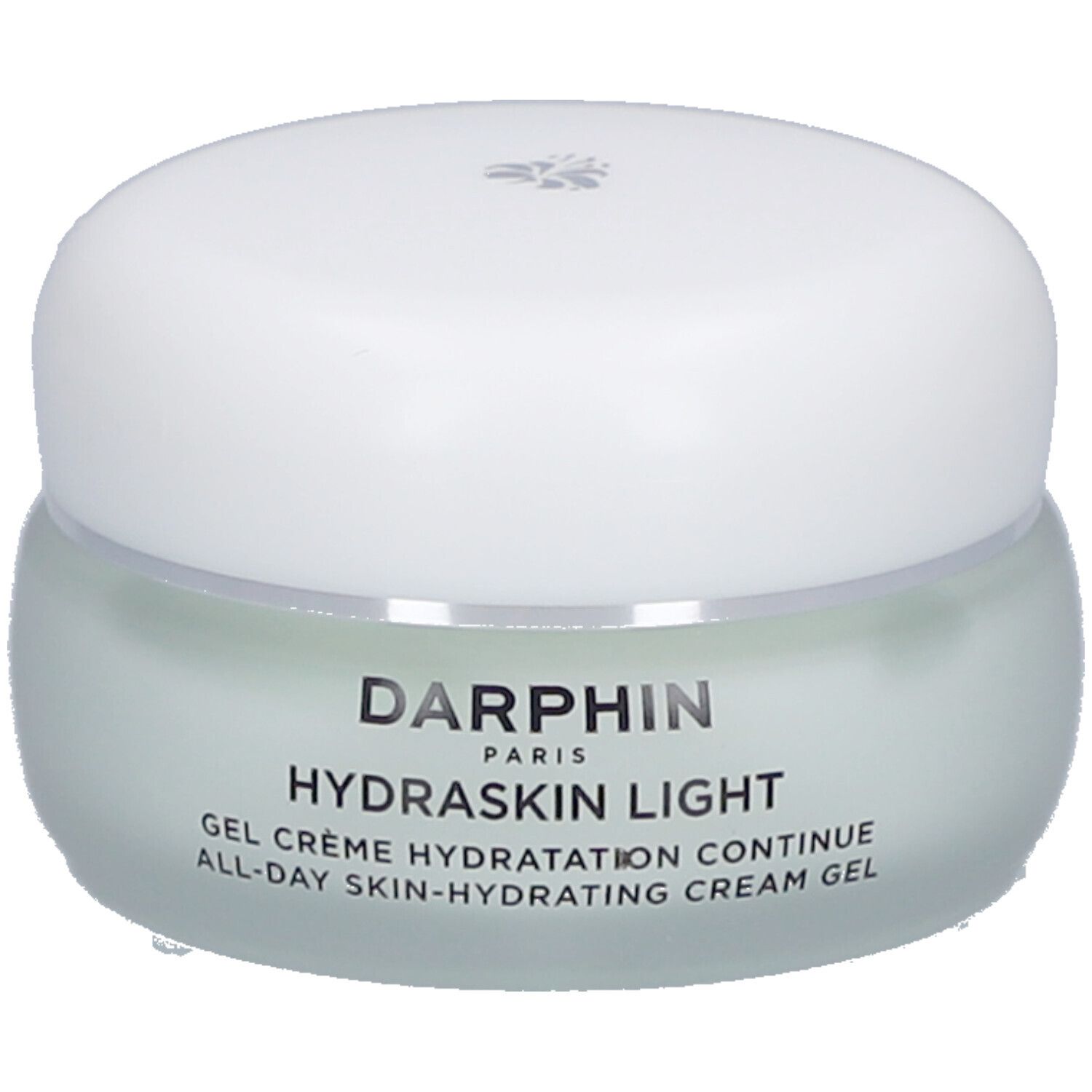 Pot de crème-gel avec couvercle blanc. Inscription: Darphin Hydraskin Light. Texte en anglais et français.