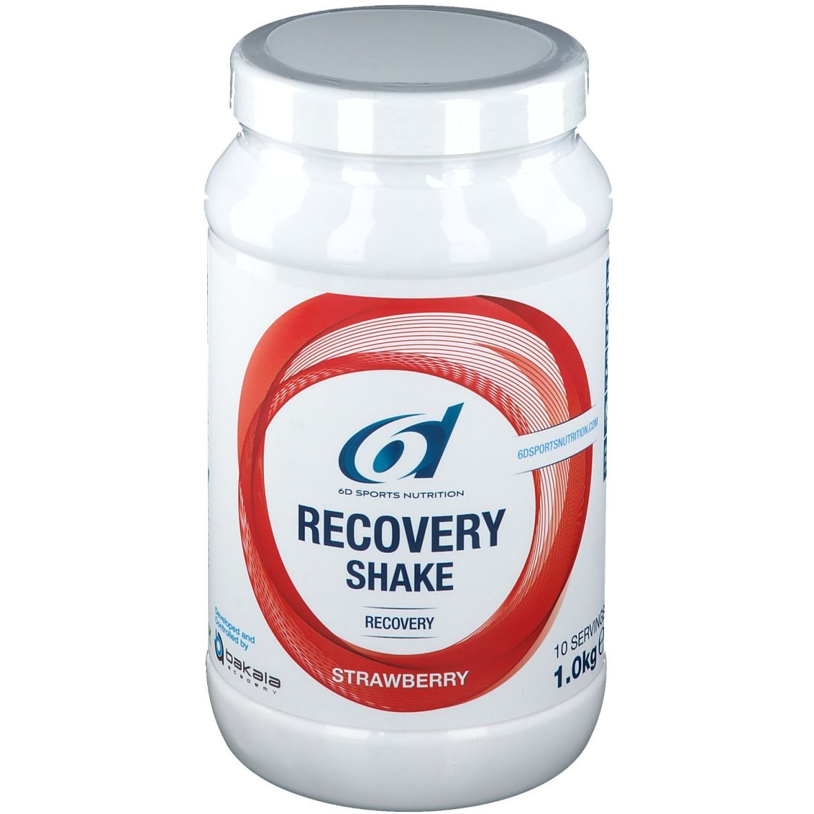 Witte pot met rood design. Opschrift: 6D Sports Nutrition, Recovery Shake Aardbei, 1.0kg, 10 porties.