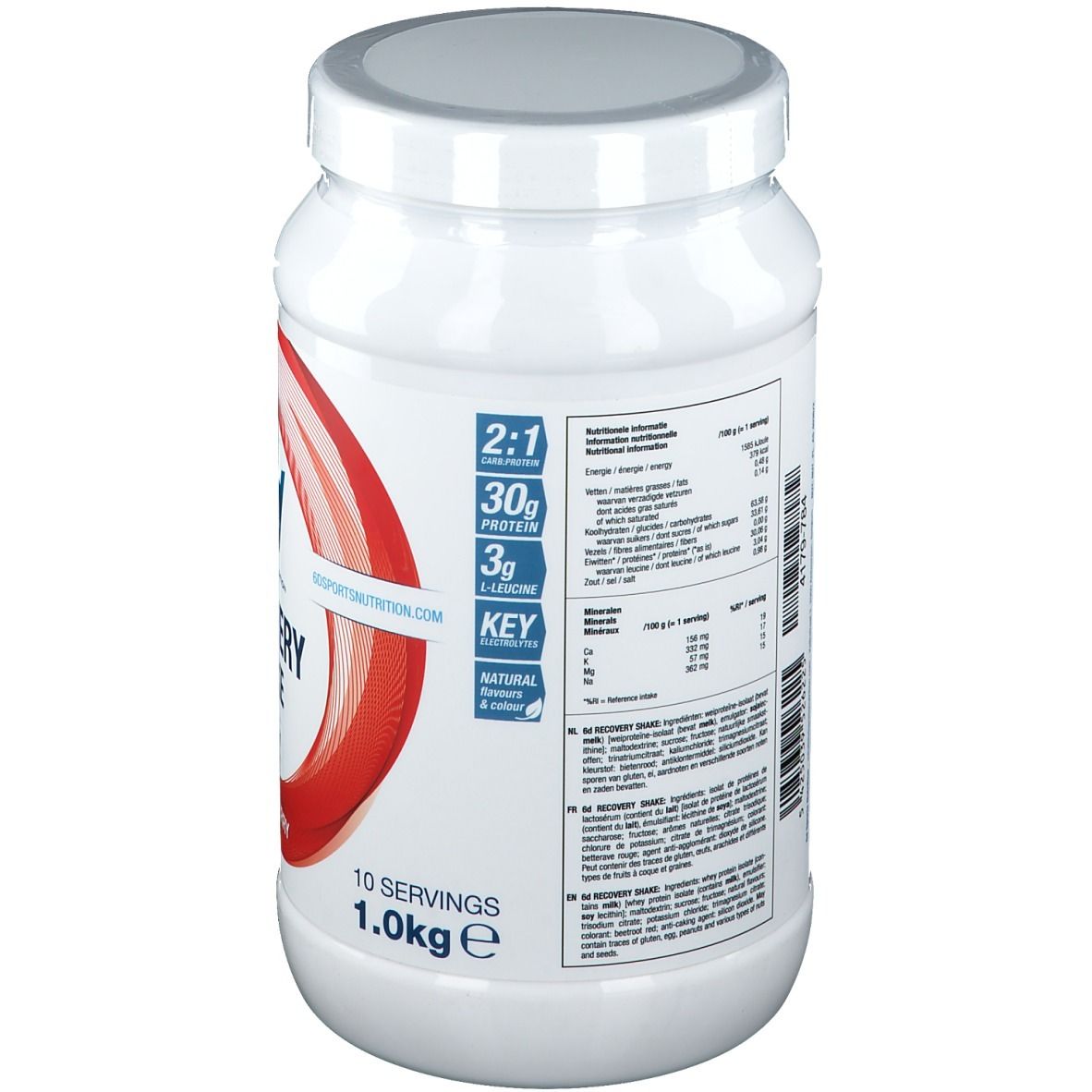 Witte pot met etiket. Bevat voedingsinformatie. Opschrift: 10 porties, 1.0kg.