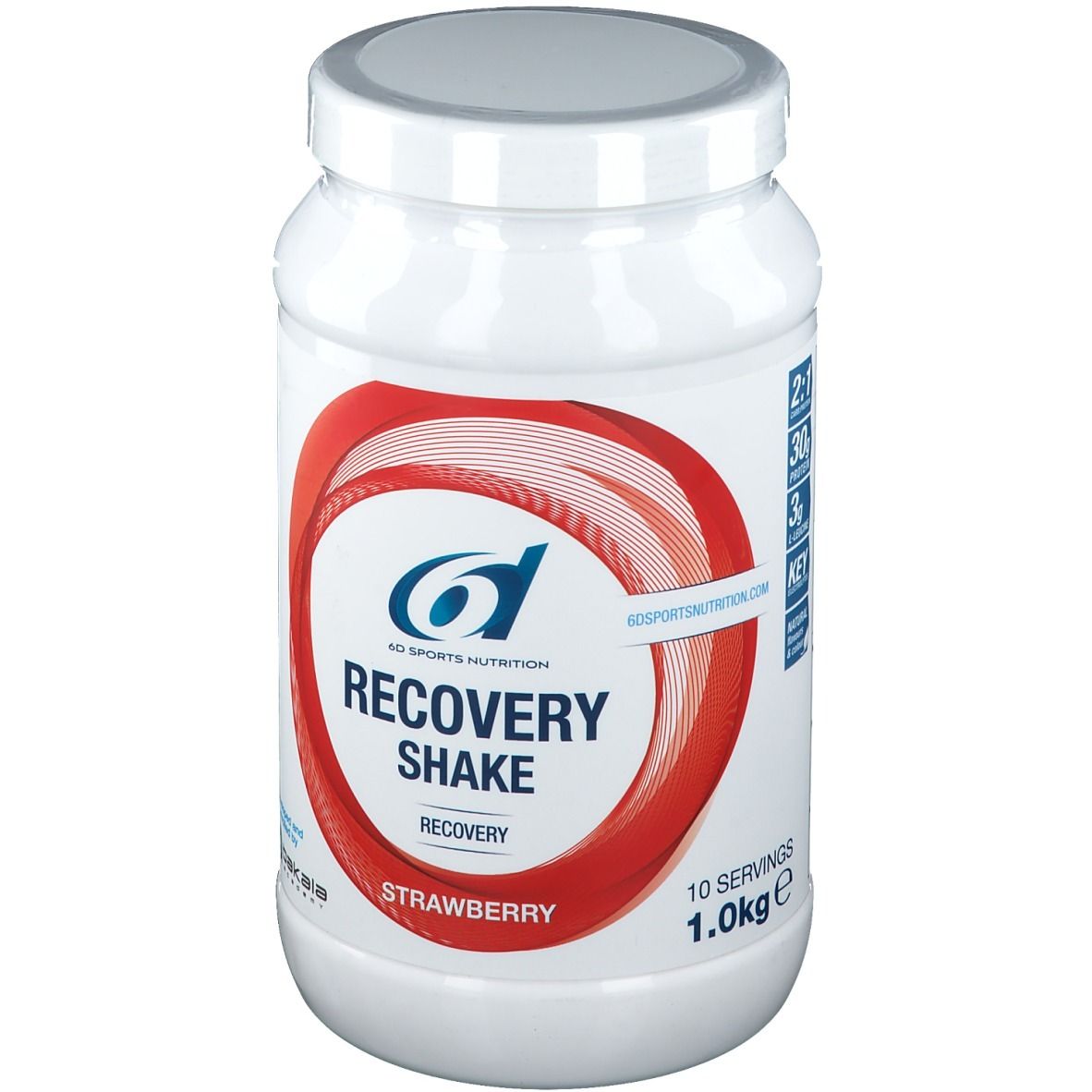 Witte pot met rood design. Opschrift: 6D Sports Nutrition, Recovery Shake Aardbei, 1.0kg, 10 porties.