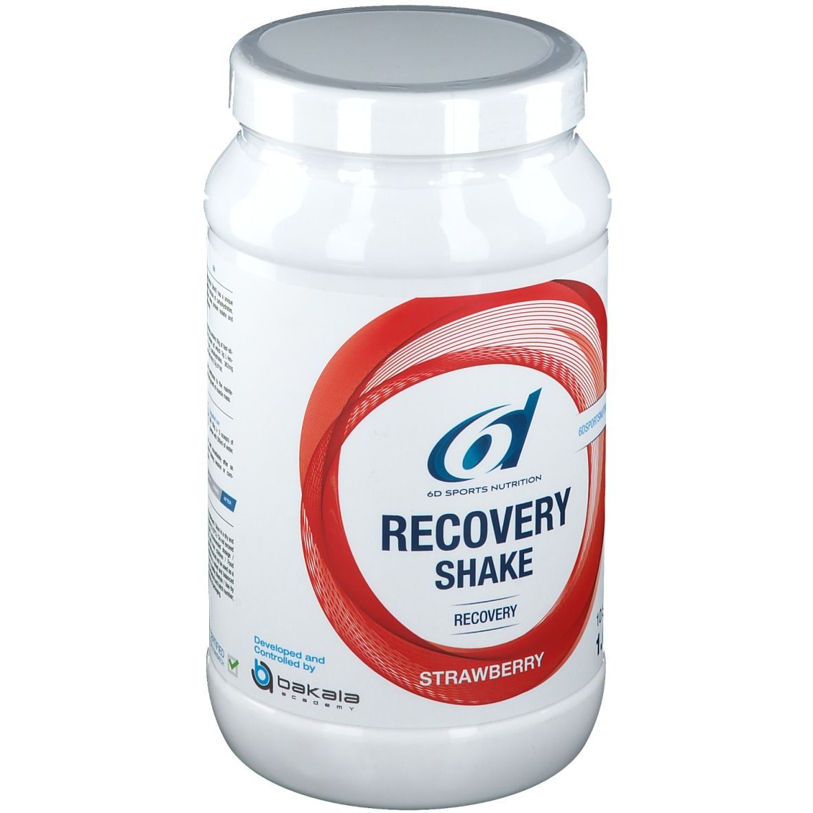 Witte pot met rood design. Opschrift: 6D Sports Nutrition, Recovery Shake Aardbei, 1.0kg, 10 porties.