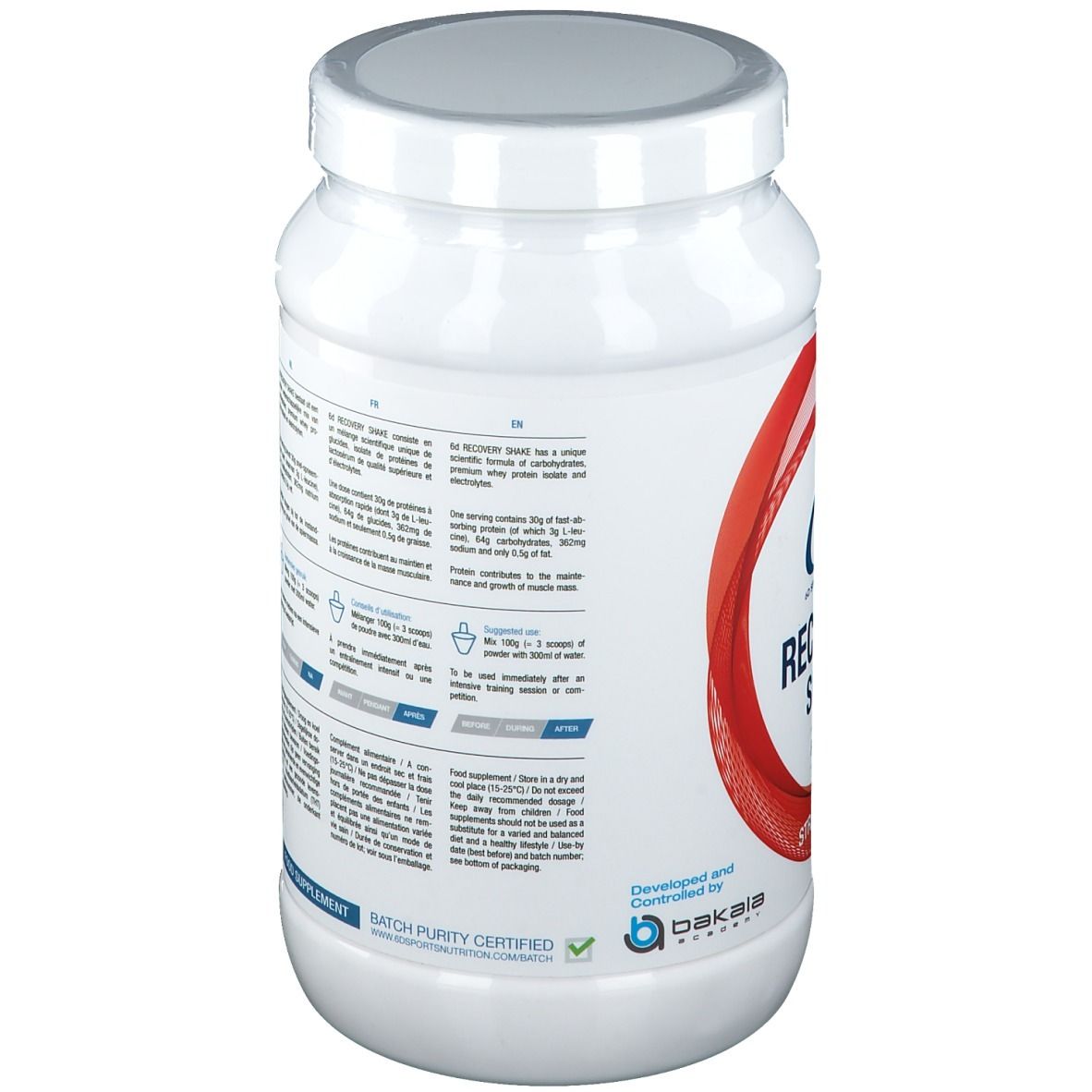 Witte pot met etiket. Bevat voedingsinformatie. Opschrift: 10 porties, 1.0kg.