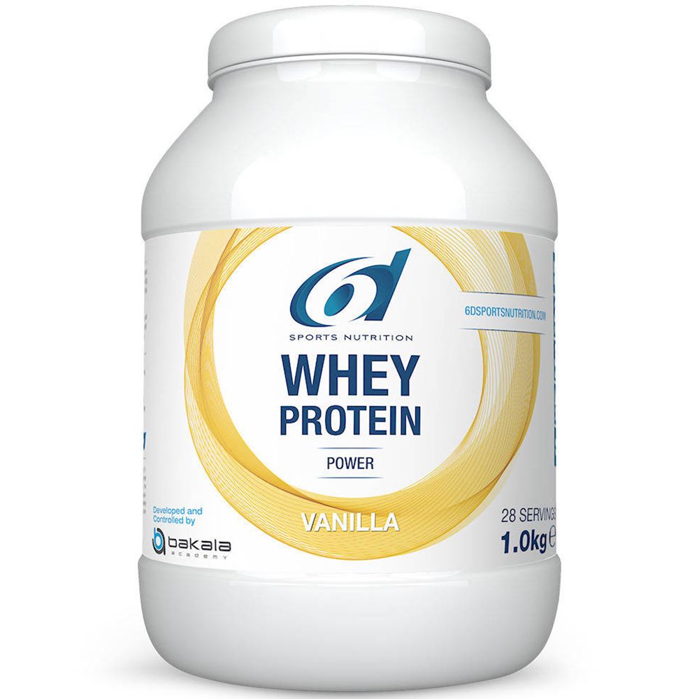 Witte container met deksel. Opschrift: 6d Sports Nutrition, Whey Protein, Vanille. 1,0 kg, 28 porties.