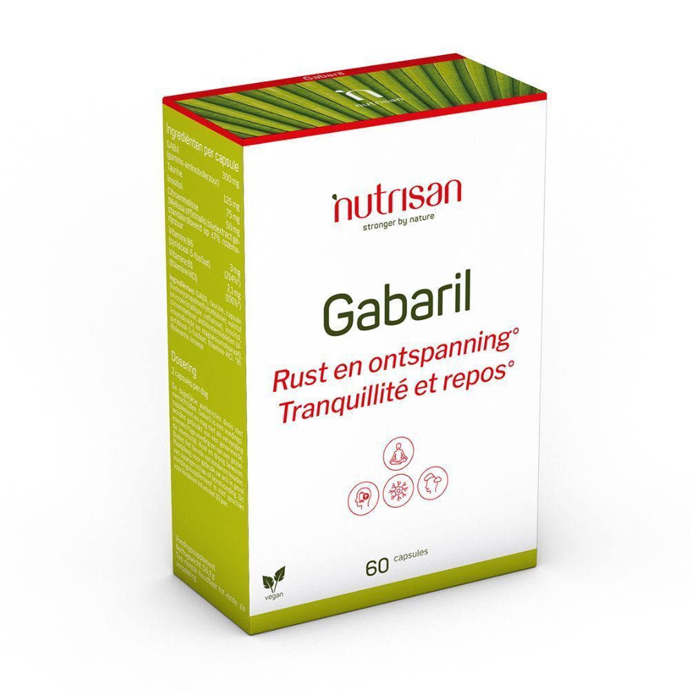 Boîte "nutrisan Gabaril". Texte : "Rust en ontspanning", "Tranquillité et repos". 60 capsules. Logo vegan.