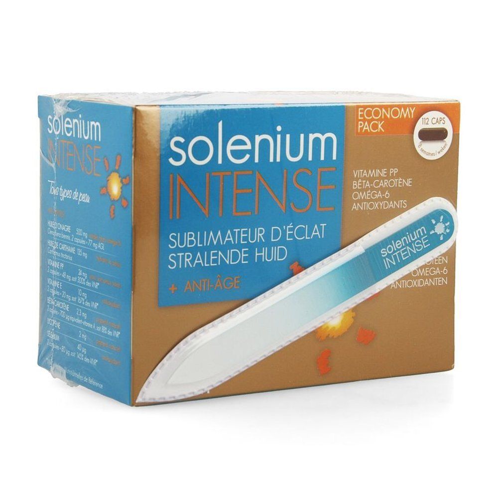 Doos Solenium Intense. Bevat een nagelvijl. Opschrift: Economy Pack, Anti-age, Sublimateur d'éclat, Stralende Huid.