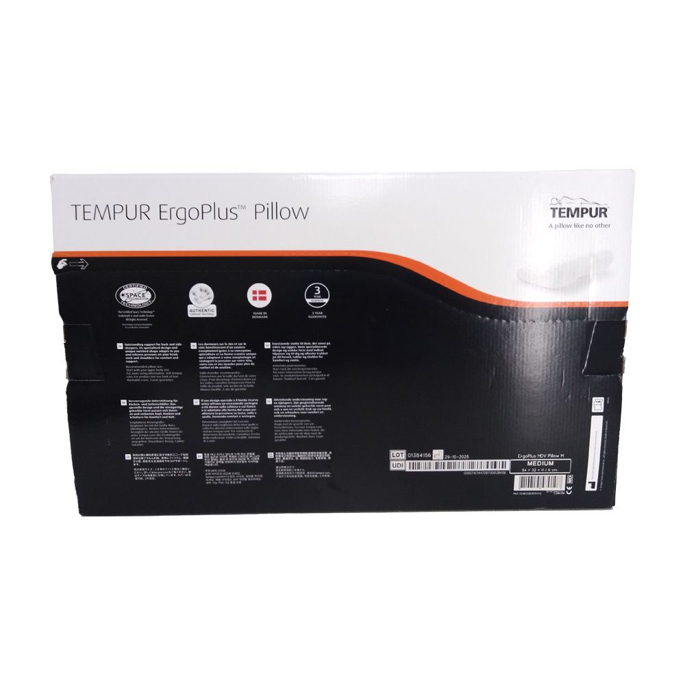 Achterkant van de verpakking. Opschrift: TEMPUR ErgoPlus Pillow. Logo's en tekst.