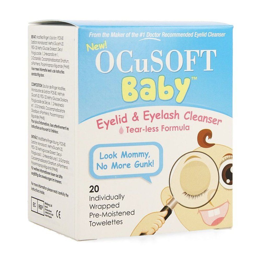 Boîte de lingettes OCuSOFT Baby pour les yeux et les cils. Contient 20 lingettes pré-imbibées emballées individuellement.