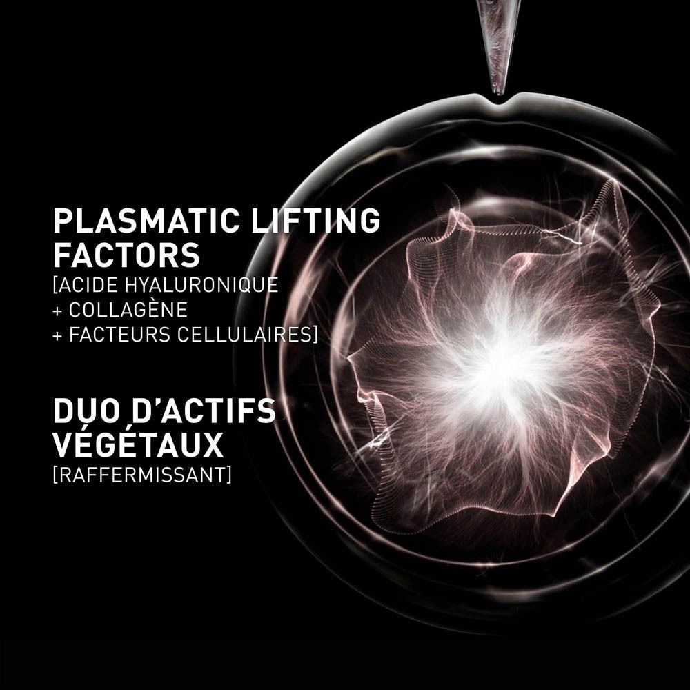 Graphique : Ingrédients actifs. Acide hyaluronique, collagène, extraits végétaux. Fond noir.