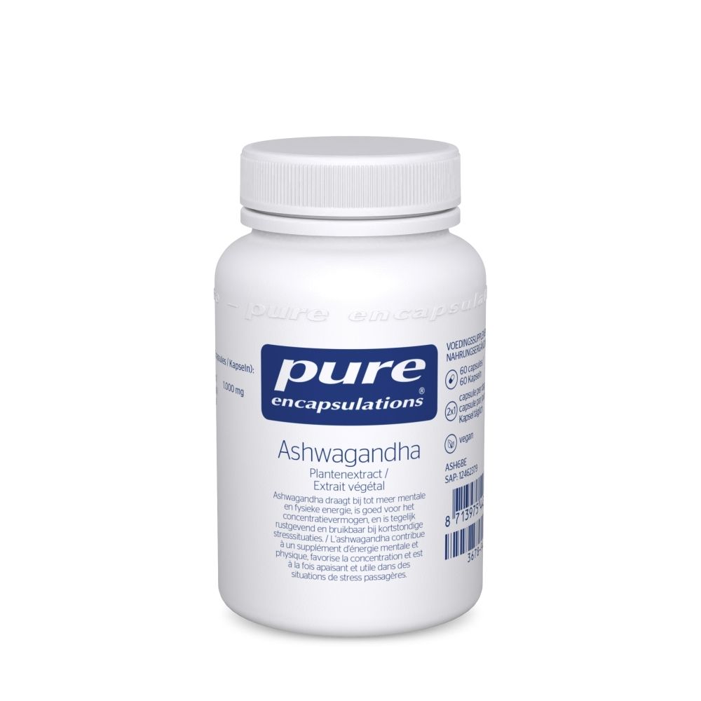 Flacon blanc de gélules. Inscription: Pure Encapsulations Ashwagandha. 1000 mg.