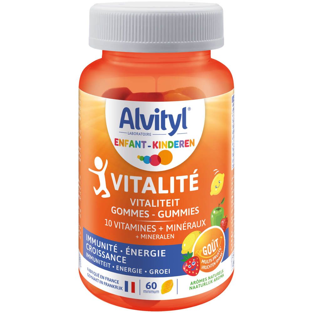 Oranje fles met witte dop. Etiket met productnaam, vitaminen en mineralen. 60 gummies.