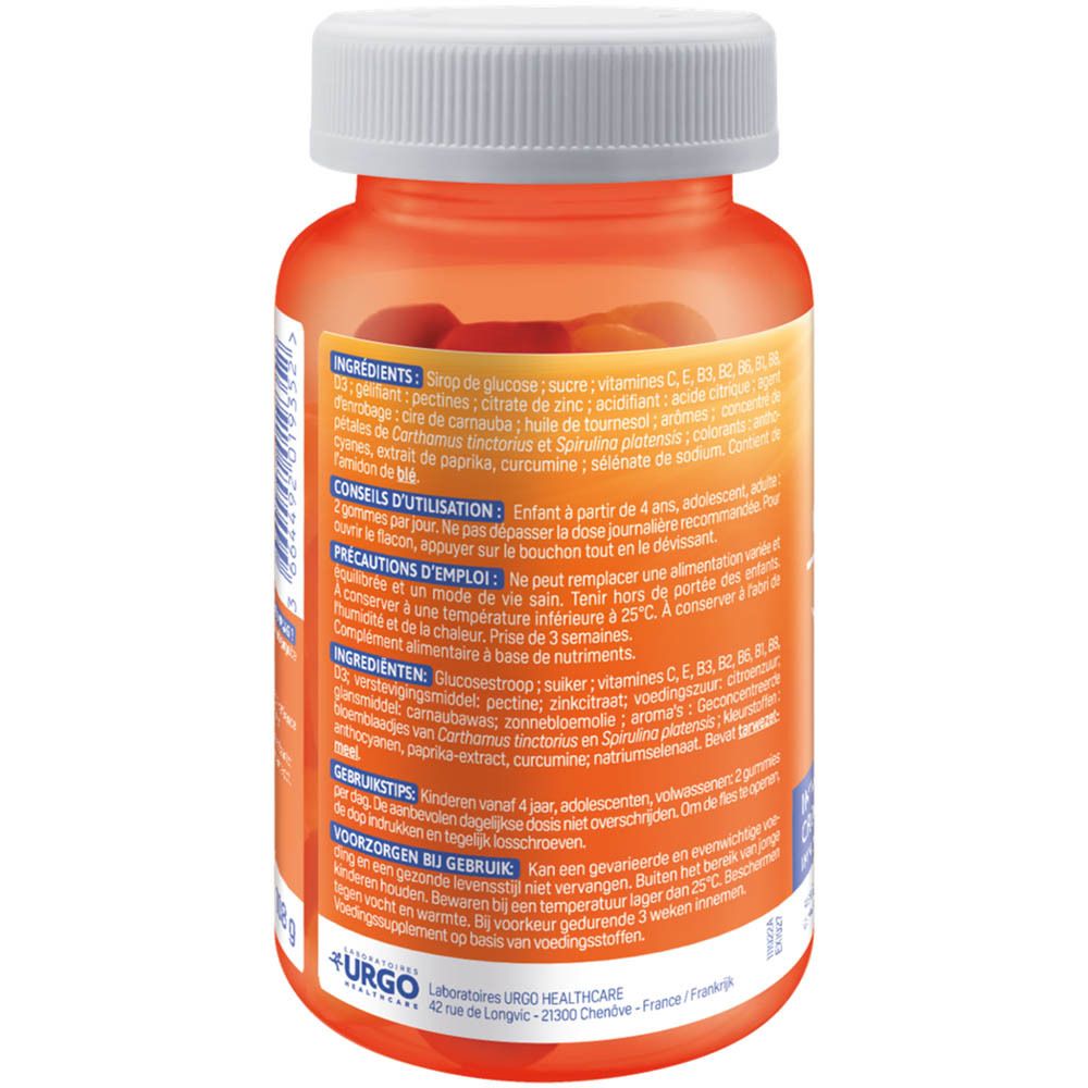 Achterkant van de Alvityl® Vitaliteit Gummies fles. Tekst: ingrediënten, gebruiksaanwijzing, voorzorgsmaatregelen. Gewicht: 108 g.