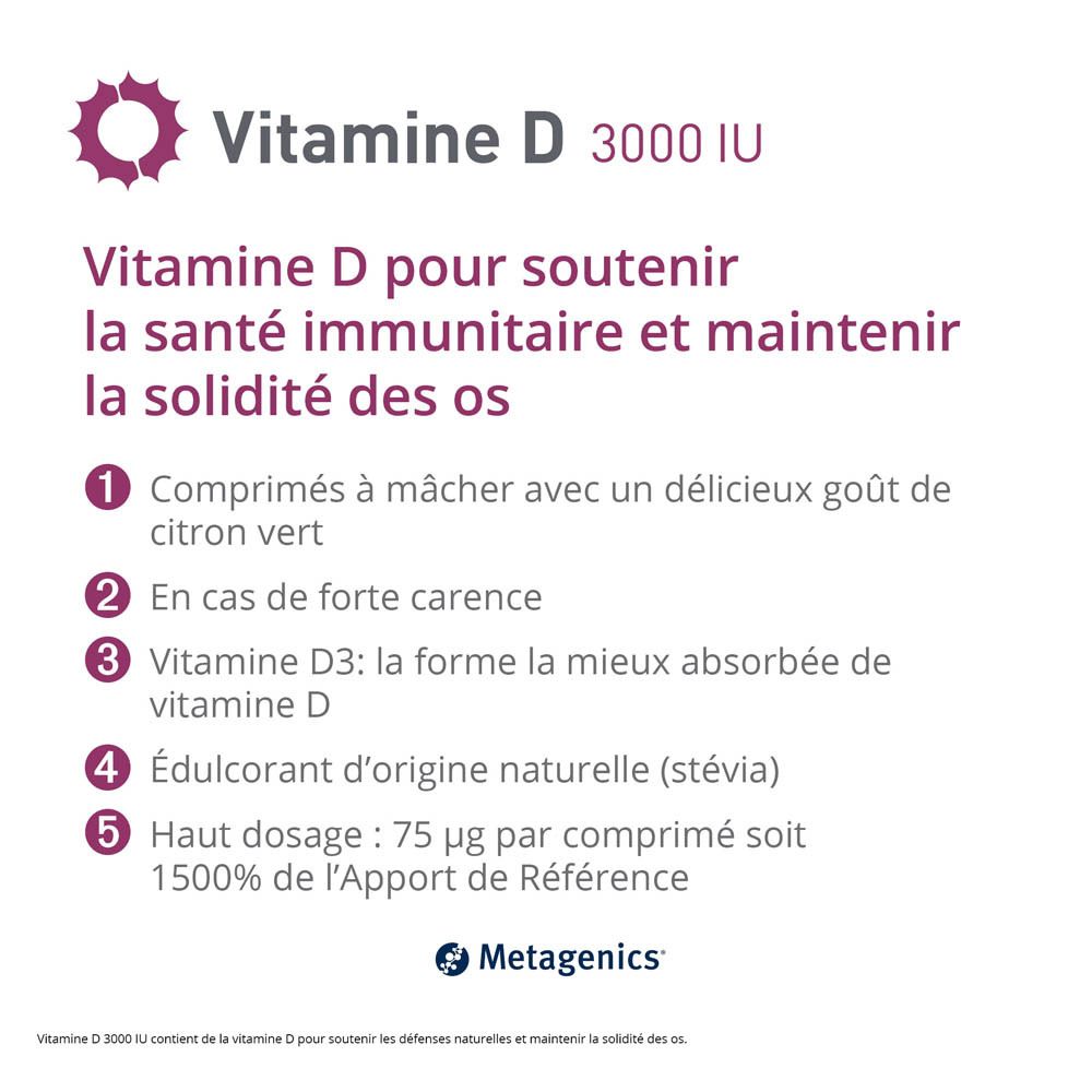 Informations sur la Vitamine D 3000 IU. Soutient le système immunitaire et les os solides.
