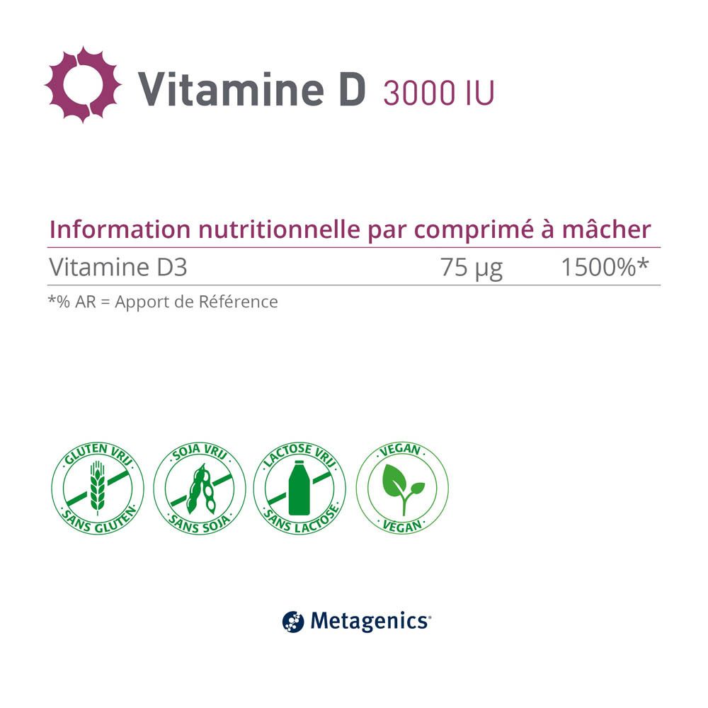 Informations nutritionnelles par comprimé à mâcher Vitamine D3: 75 µg. Divers logos.