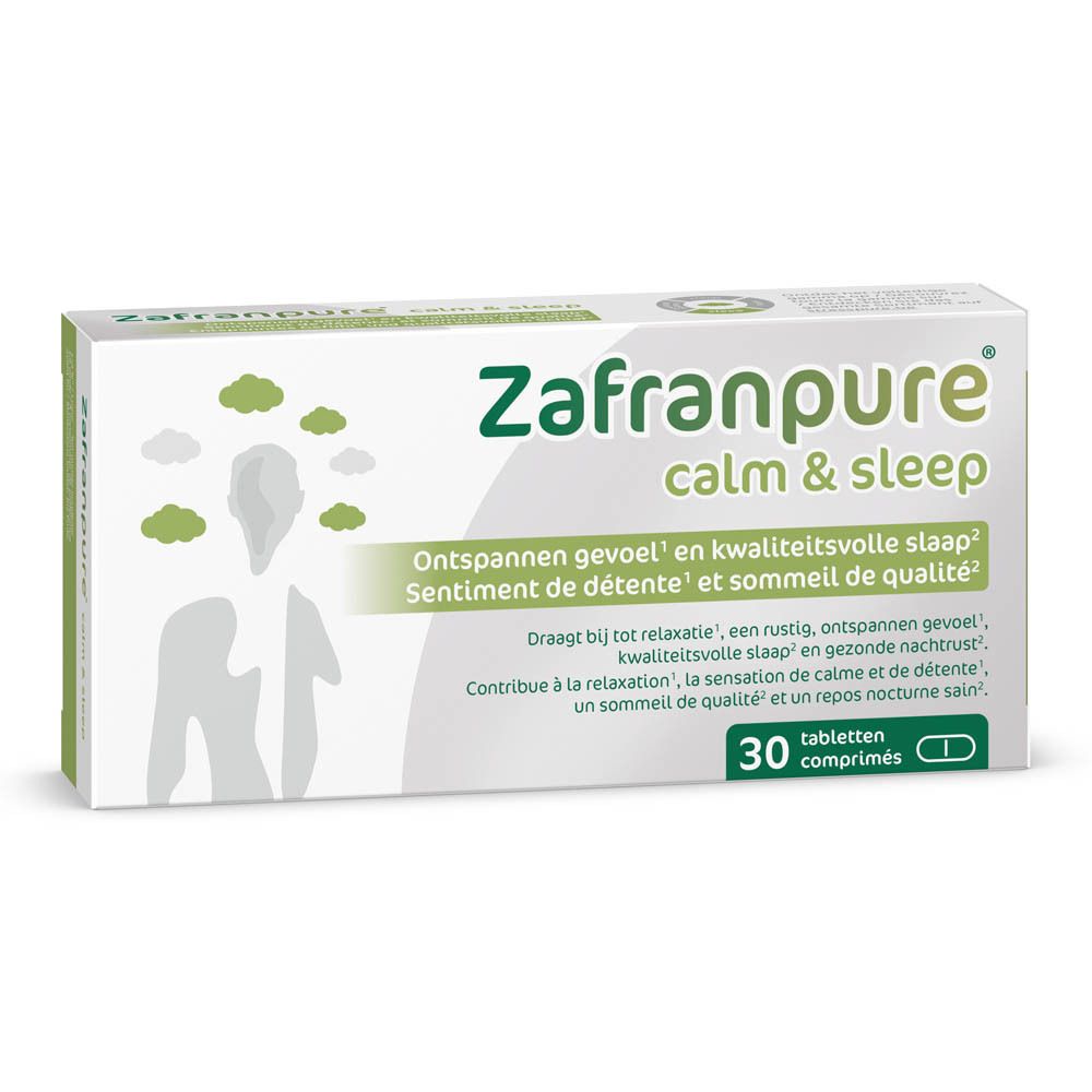 Boîte Zafranpure Calm & Sleep. 30 comprimés. Vert, blanc. Texte : Sensation de détente et qualité du sommeil.