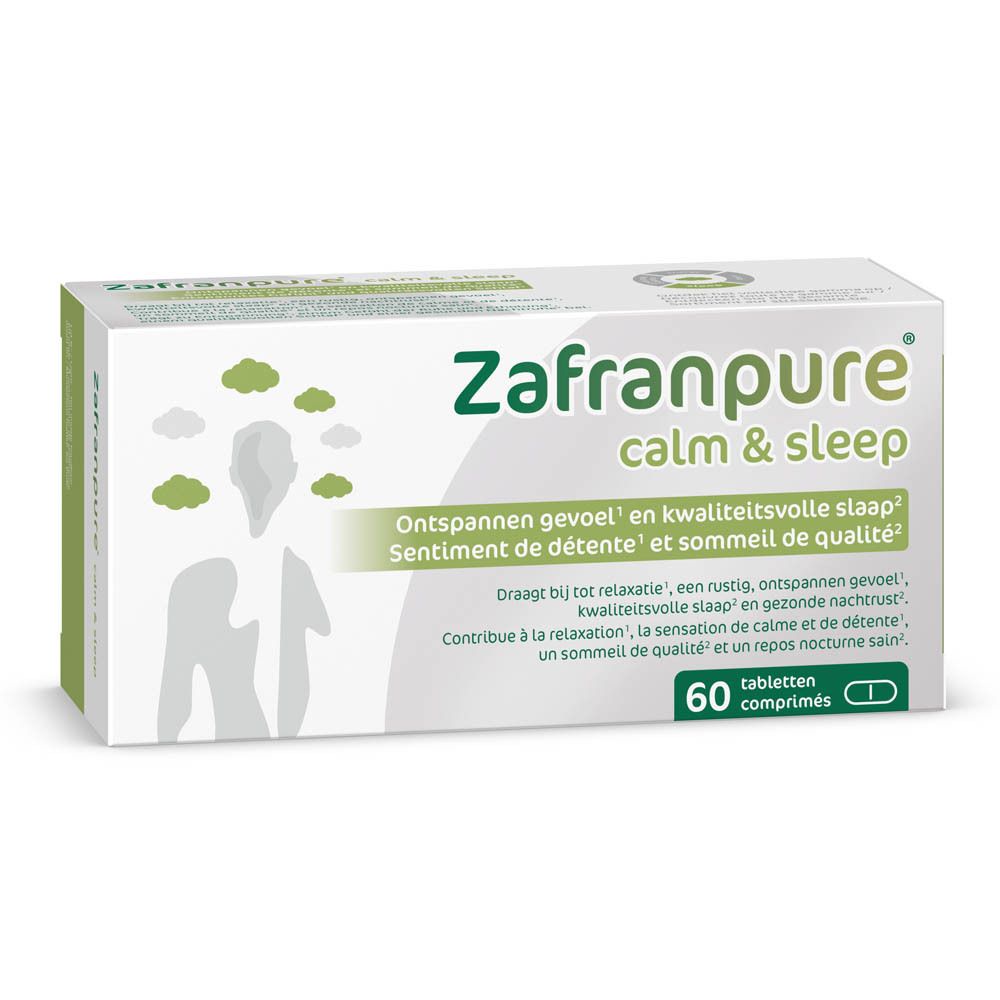 Verpakking van ZafranPure Calm & Sleep. Met melatonine. Vegan. 60 tabletten. Wit, oranje en blauw.