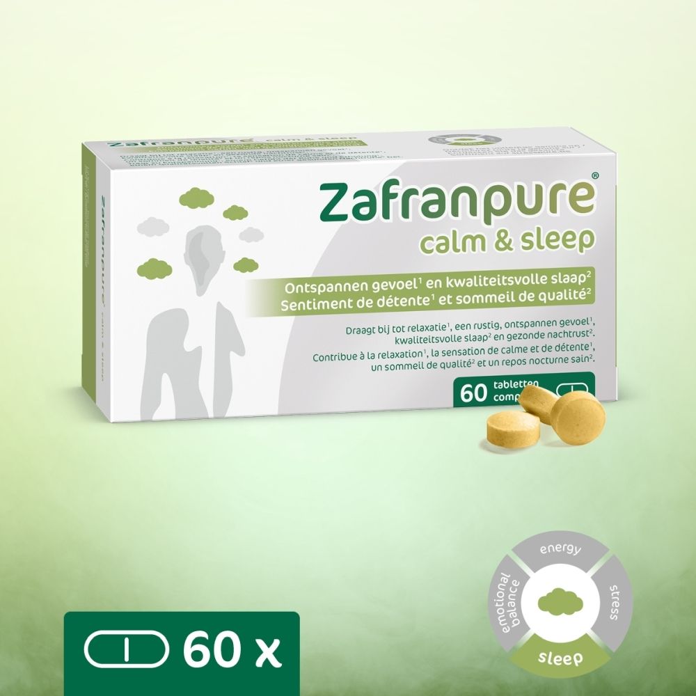 Emballage Zafranpure calm & sleep de 60 comprimés et deux comprimés à côté.
