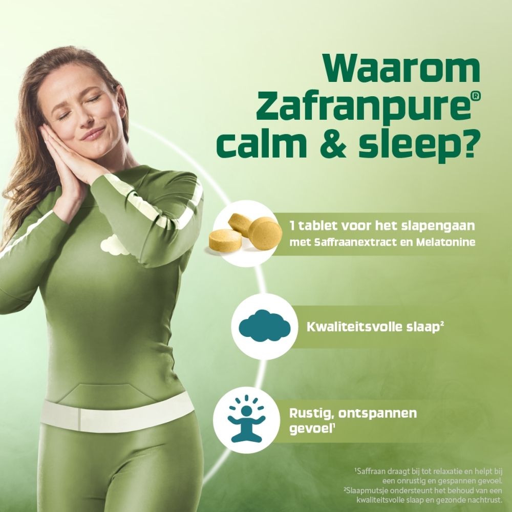 Drie gele tabletten, waarvan één doormidden gebroken is. Ze maken deel uit van een slaapbevorderend product.