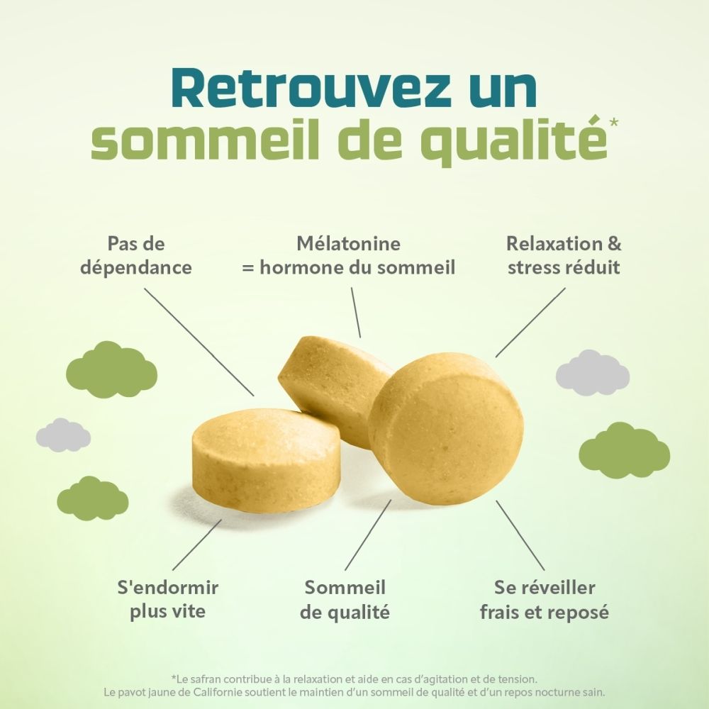 Trois comprimés Zafranpure calm & sleep avec des flèches montrant les avantages comme s'endormir plus vite et relaxation.