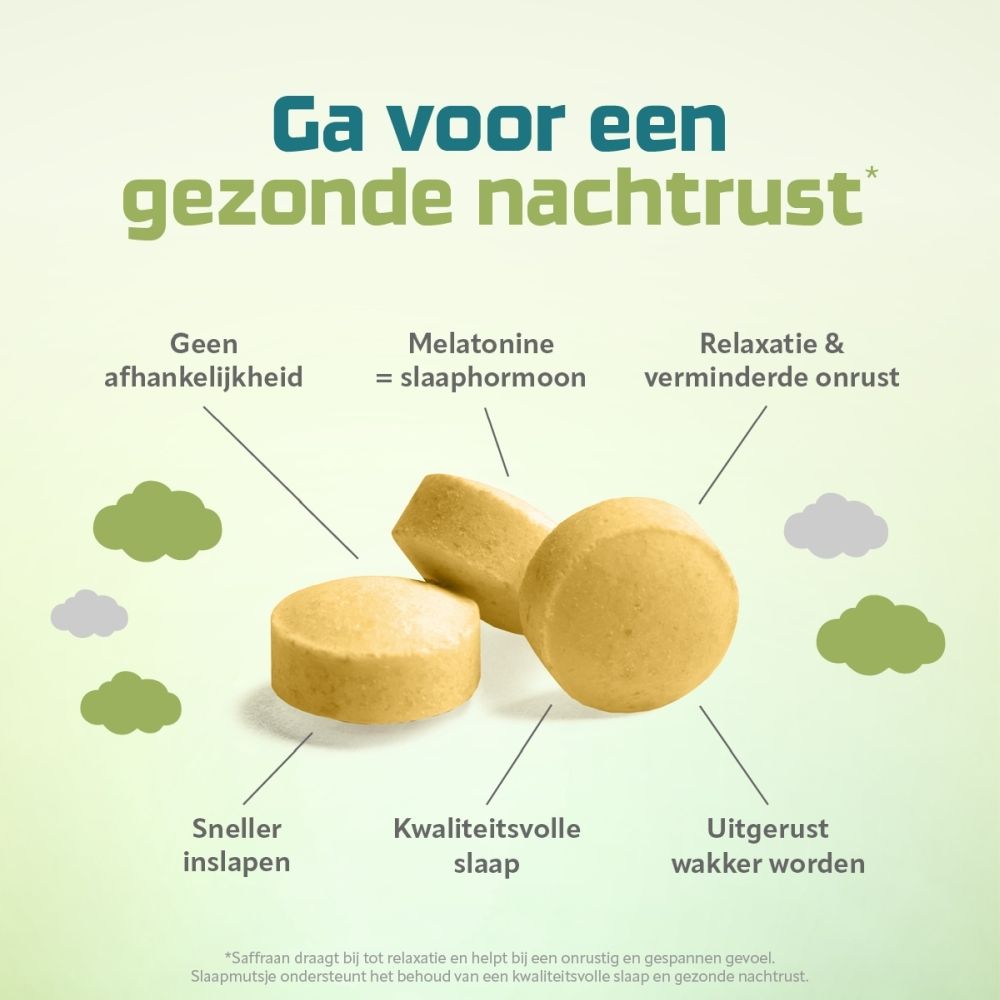Drie gele tabletten, waarvan één doormidden gebroken is. Ze maken deel uit van een slaapbevorderend product.