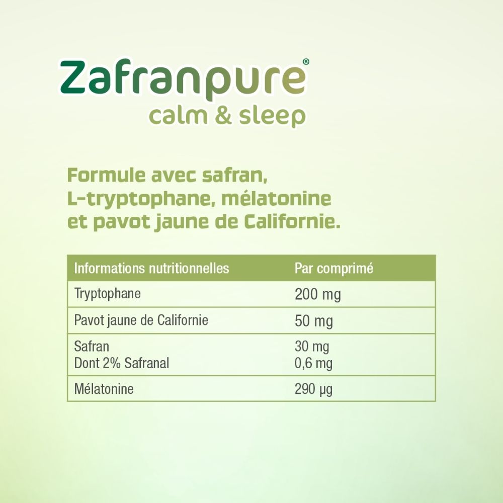 Emballage Zafranpure calm & sleep de 60 comprimés et deux comprimés à côté.