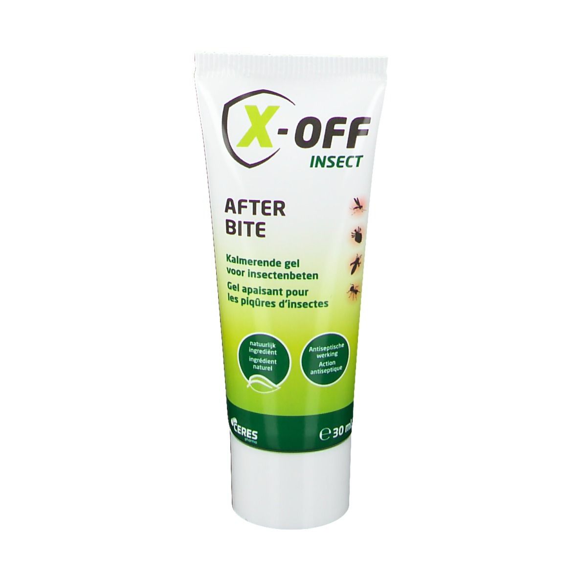 Tube X-off Insekt After Bite. Wit met groene streep. Logo en productnaam. Tekst: 'Kalmerende gel voor insectenbeten'.