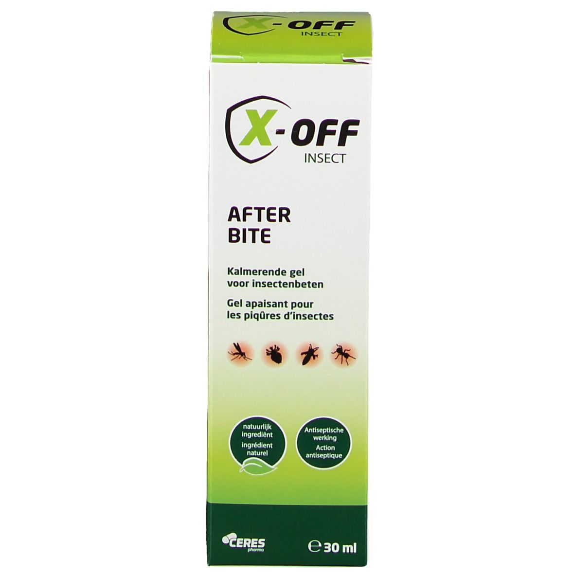 Doos X-off Insekt After Bite. Wit met groen deksel. Logo en productnaam. Tekst: 'Kalmerende gel voor insectenbeten'.