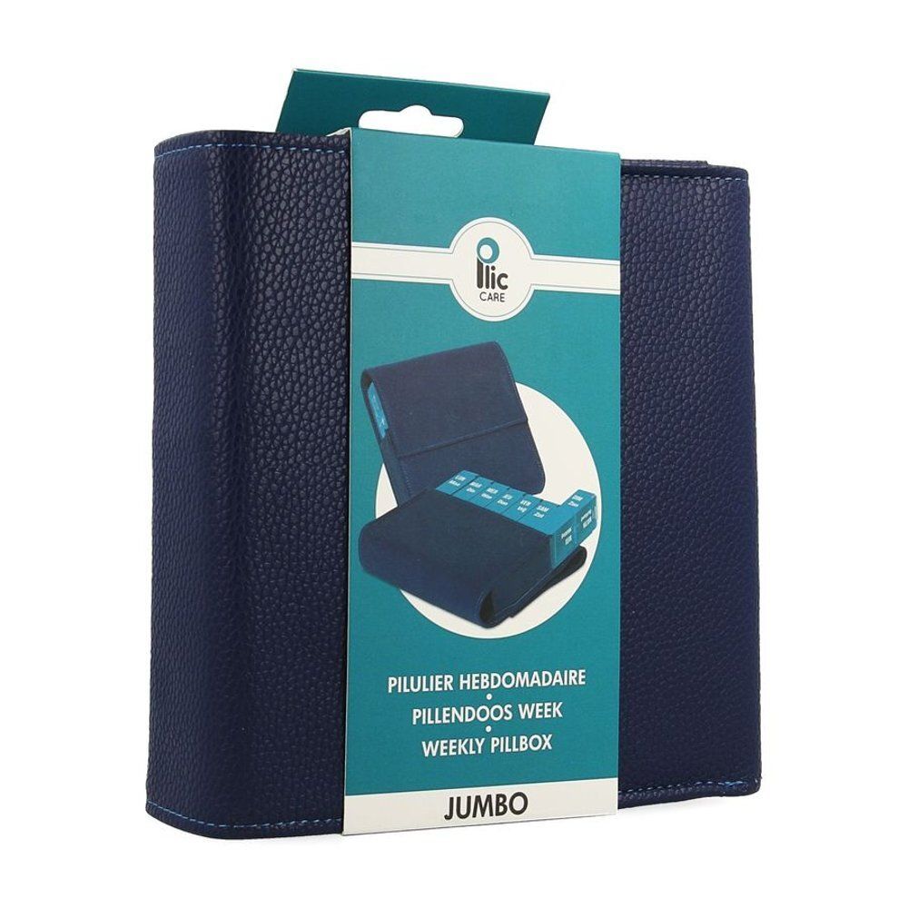 Étui bleu avec pilulier. L'emballage affiche "Pillulier Hebdomadaire", "Weekly Pillbox" et "Jumbo". Logo Ilic Care visible.