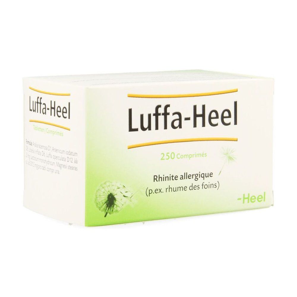 Boîte de Luffa-Heel, 250 comprimés, avec texte et illustration de pissenlit. Inscription : Rhinite allergique.