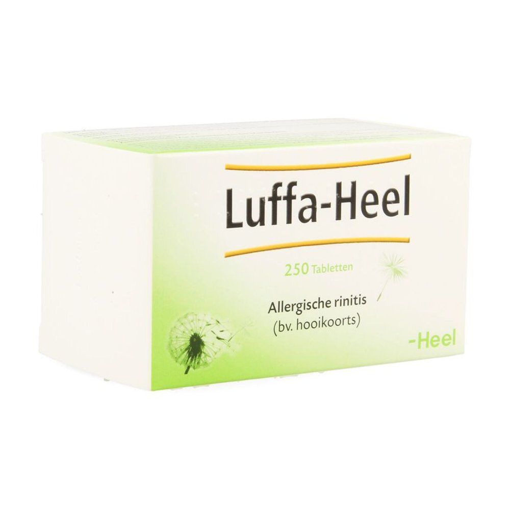 Doos Luffa-Heel, 250 tabletten, met tekst en illustratie van paardenbloem. Opschrift: Allergische rinitis.
