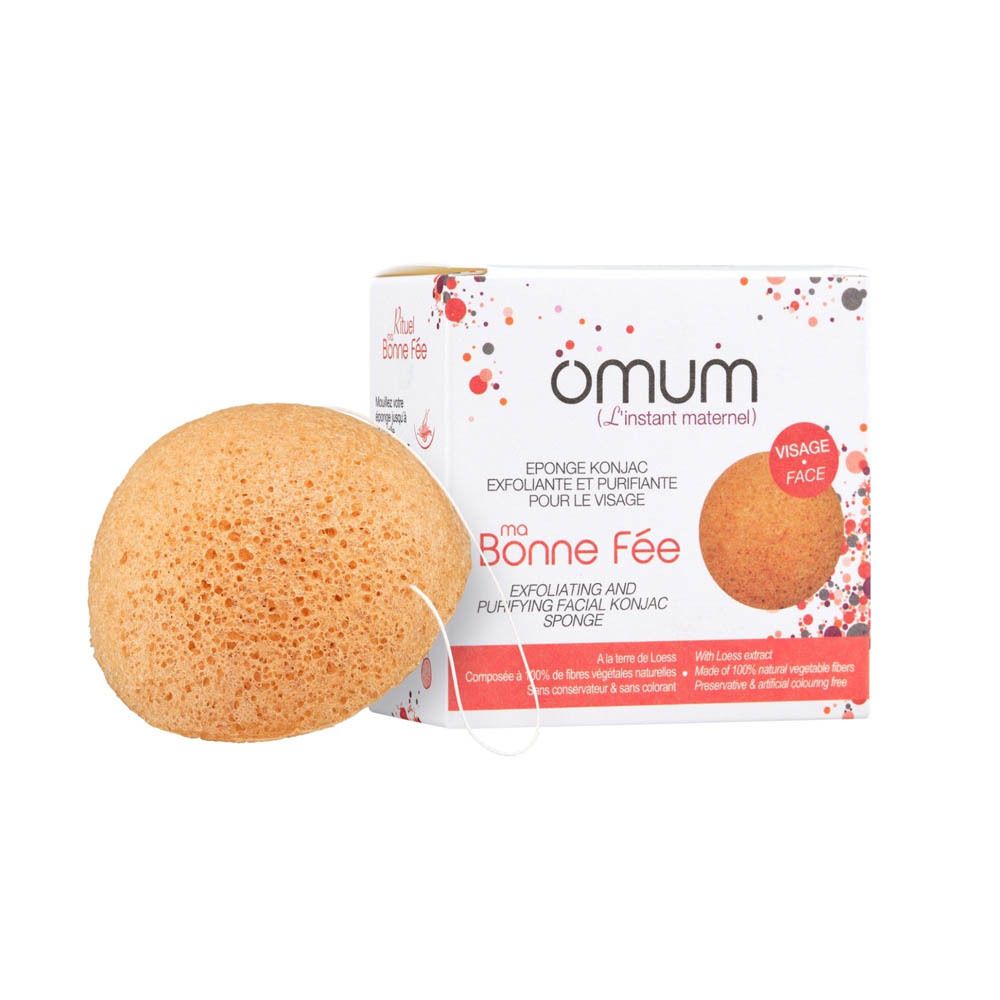 Konjac spons en kartonnen verpakking. Spons rond en beige. Verpakking met productnaam en logo.