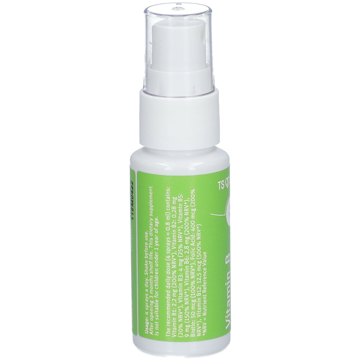 Vitamine B-complex spray. Witte fles met groen etiket. Bevat informatie over ingrediënten en dosering.