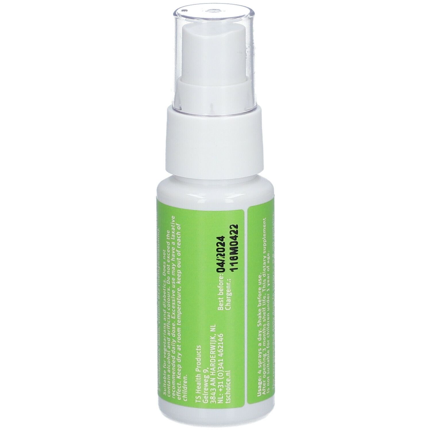 Vitamine B-complex spray. Witte fles met groen etiket. Toont de vervaldatum en het chargenummer.