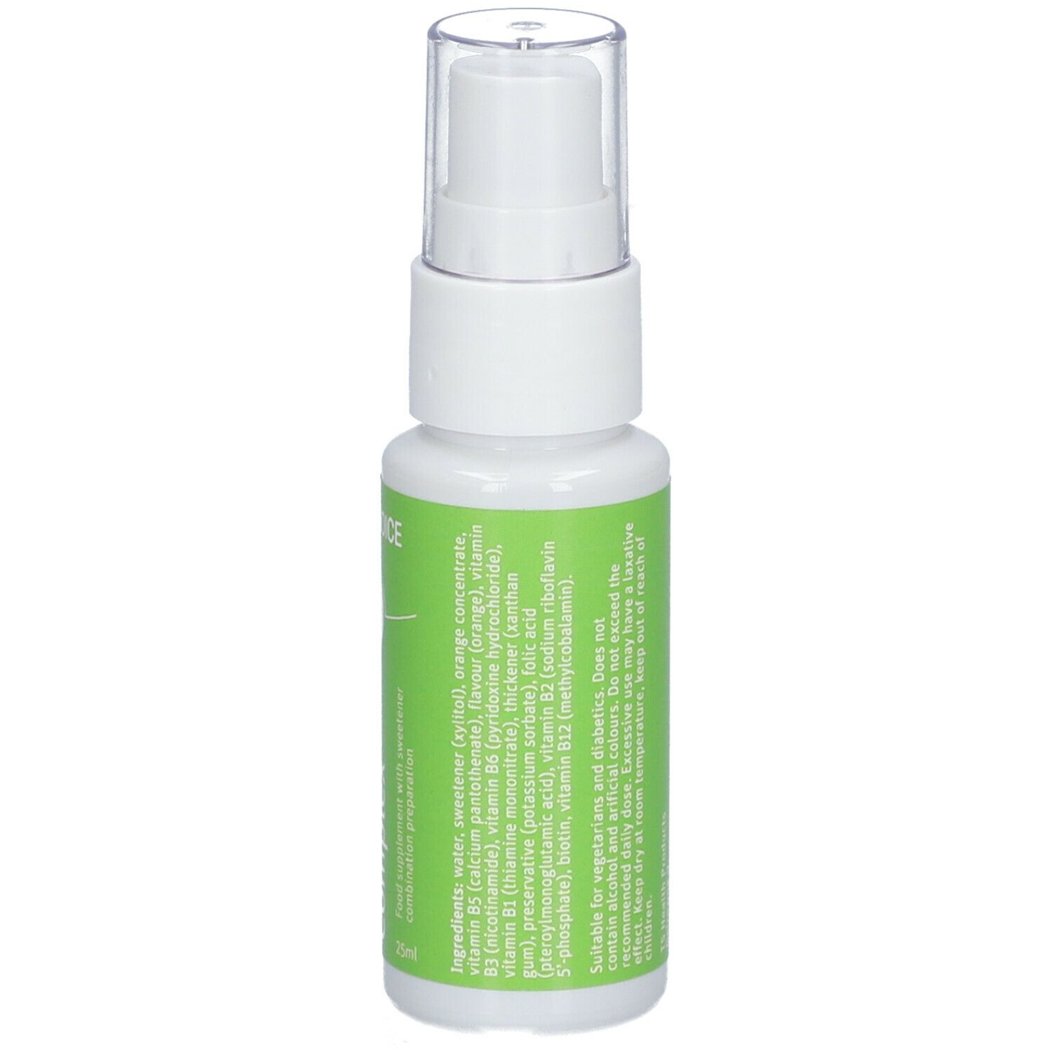 Vitamine B-complex spray. Witte fles met groen etiket. Bevat informatie over de ingrediënten.