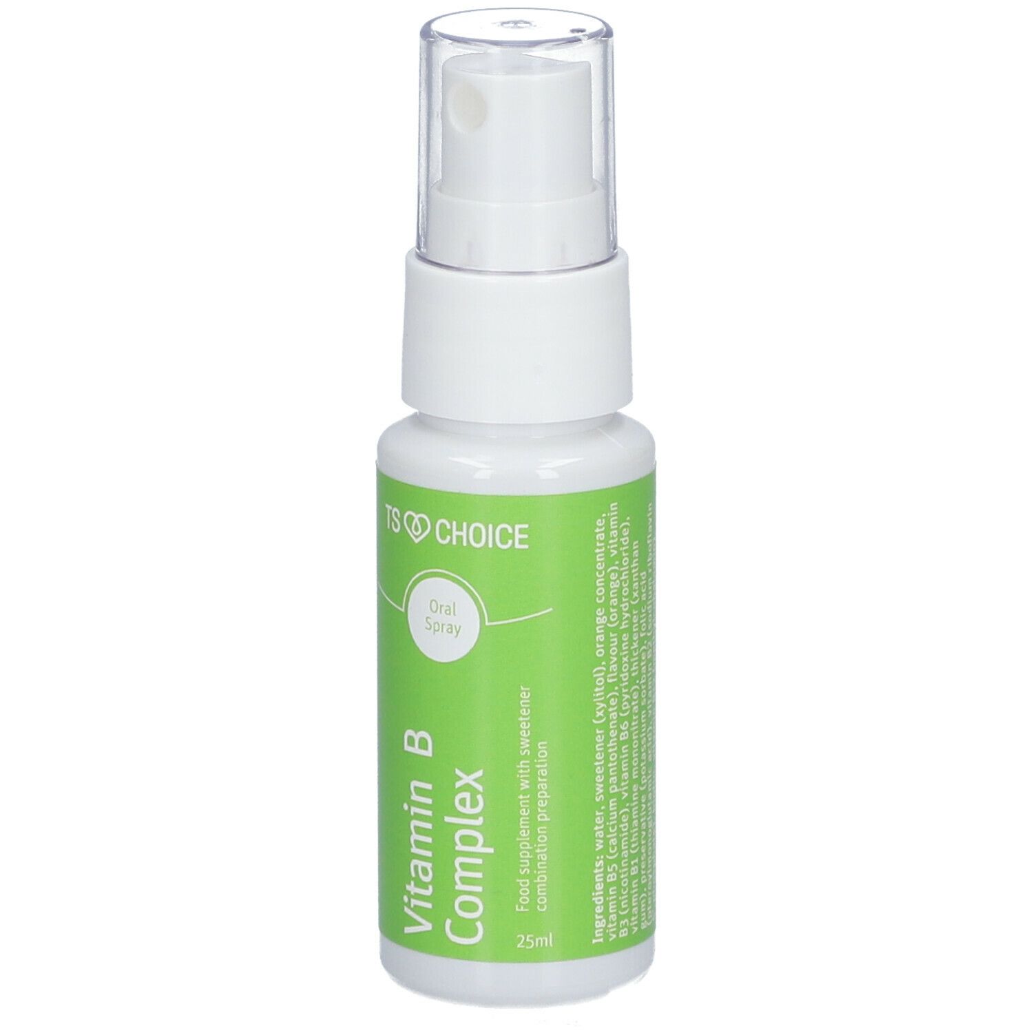 Vitamine B-complex spray. Witte fles met groen etiket. Bevat productnaam en informatie.