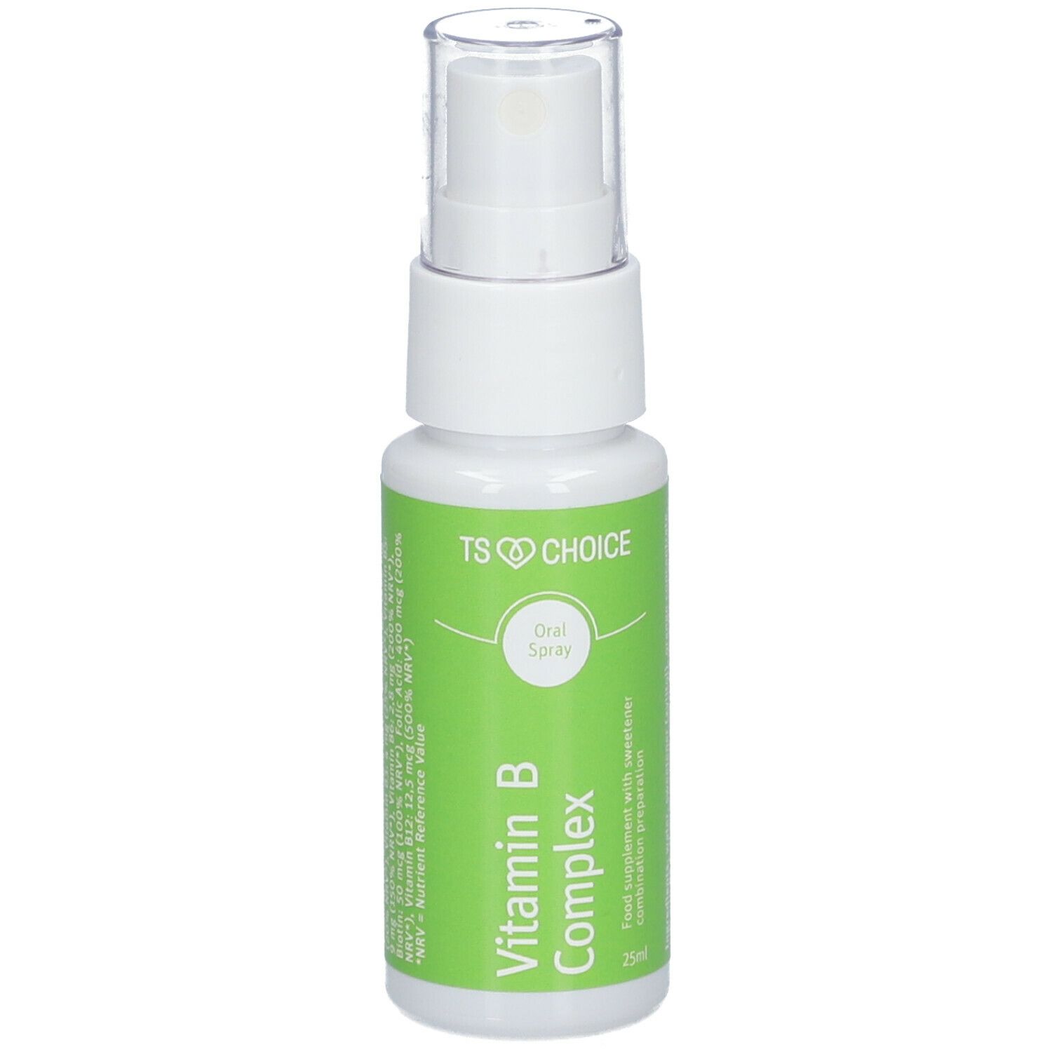 Vitamine B-complex spray. Witte fles met groen etiket. Toont productnaam en informatie.